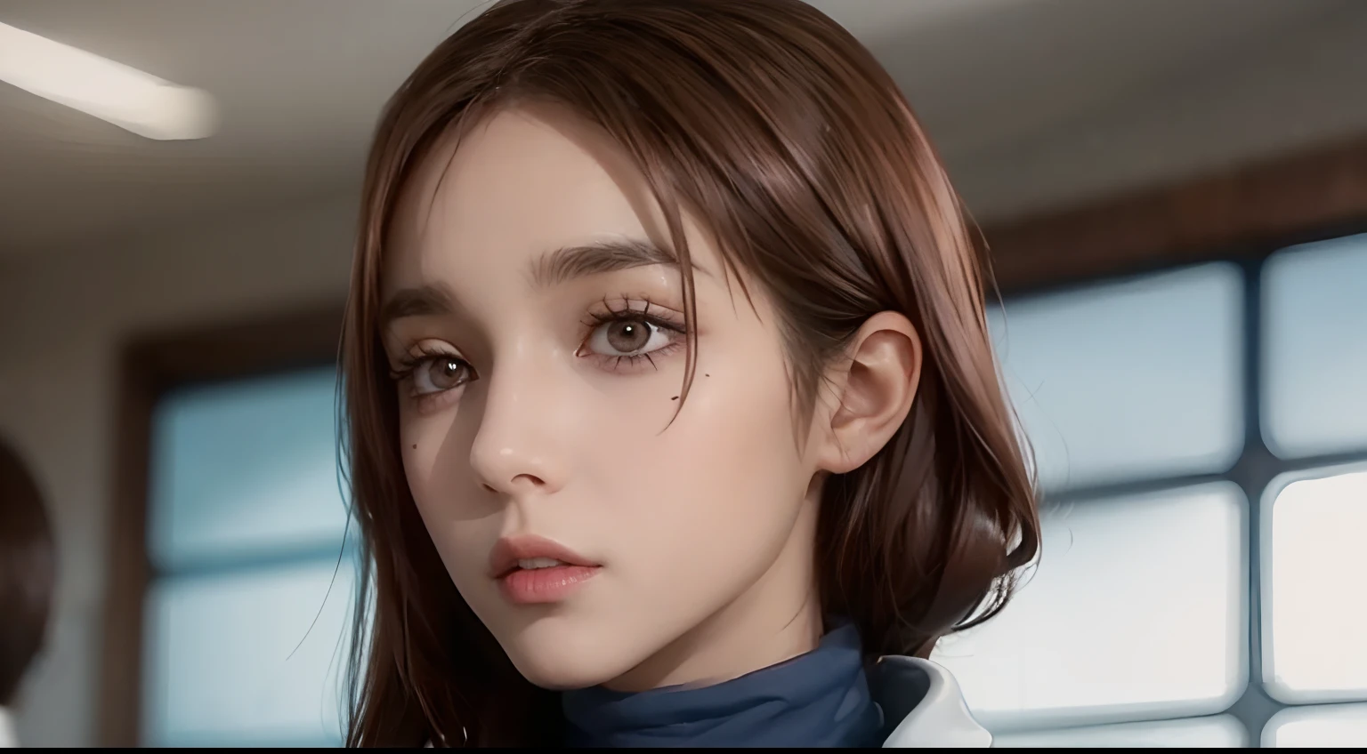 shoko_ieiri, brown hair, brown eyes, eyebags, eyeshadow, makeup, labcoat, blue turtleneck, 1 girl, solo, detailed face, detailed skin, film grain, realistic,