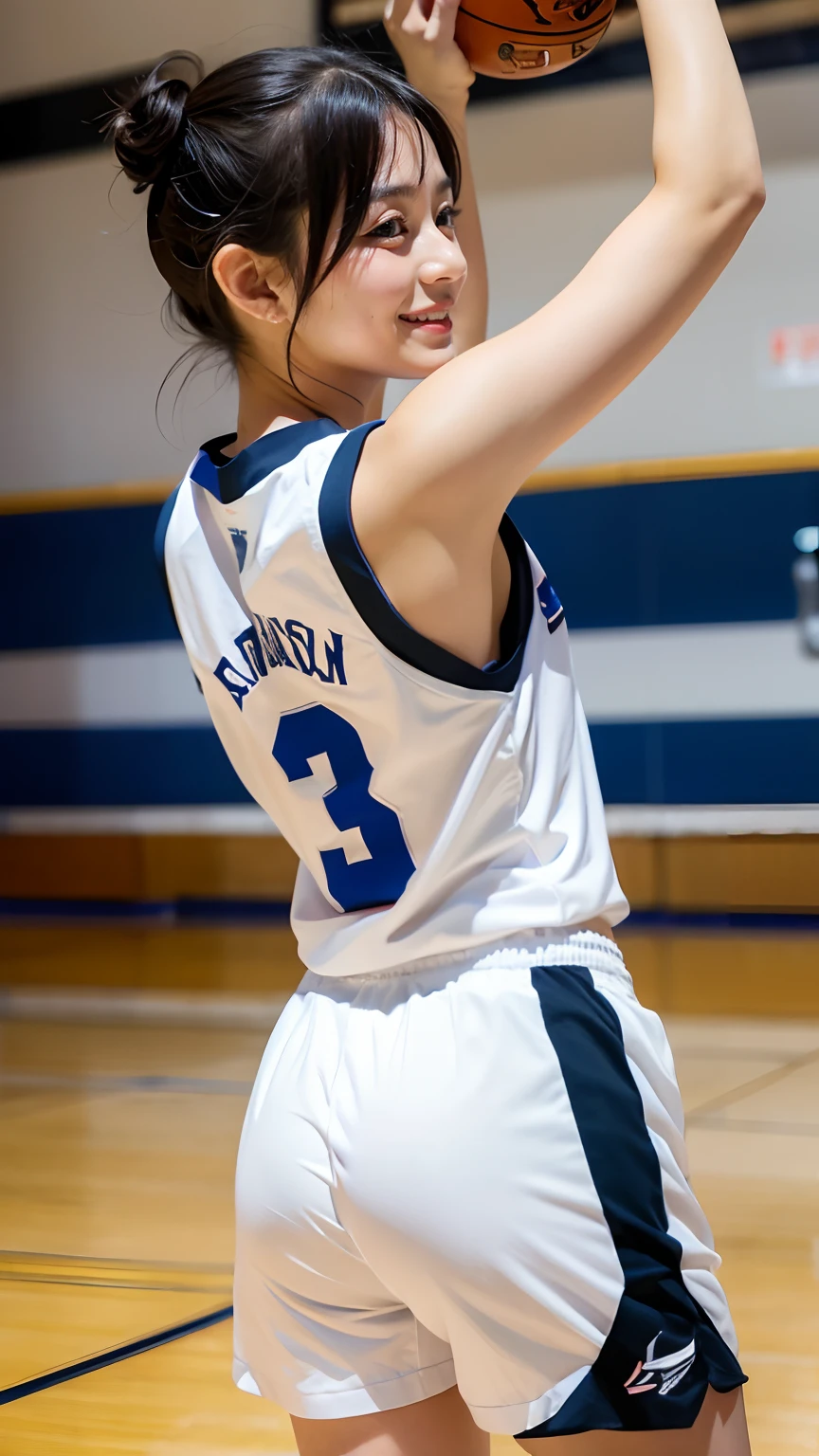 best quality, 1 beautiful woman, playing basketball, athletic outfit, dribbling the ball, focused expression, indoor court, bright gym lighting, high detail