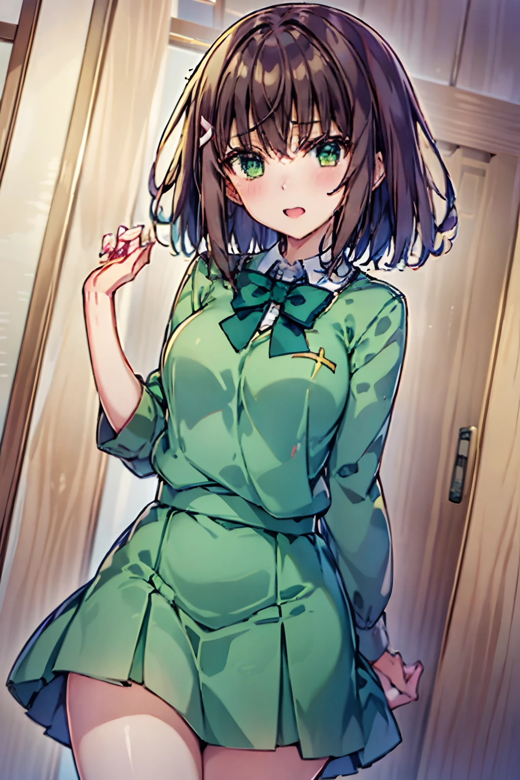 Dress, Shoko Sashinami, Valvrave the Liberator, hair clips, short brown hair, medium hair, green eyes, scool uniform, skirt