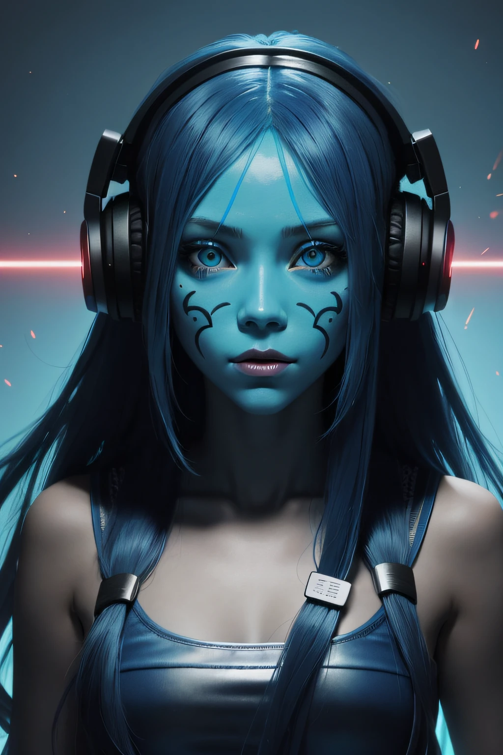 girl with long blue hair, blue eyes, futuristic vibes, mask on mouth, headphones, 8k, high quality, simple background, glowing eyes, nice pose