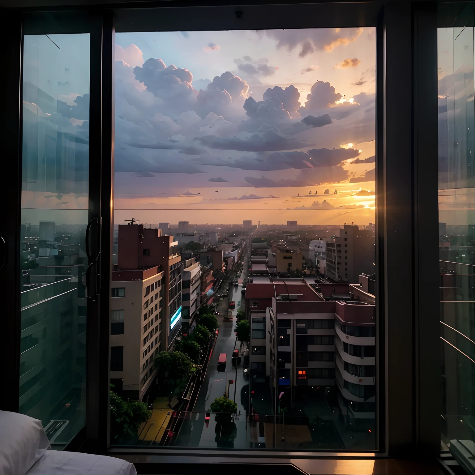 Hotel room, window to the city at sunset, rainy weather, ultra-realistic 4K definition, enhanced lights , lahore Pakistan