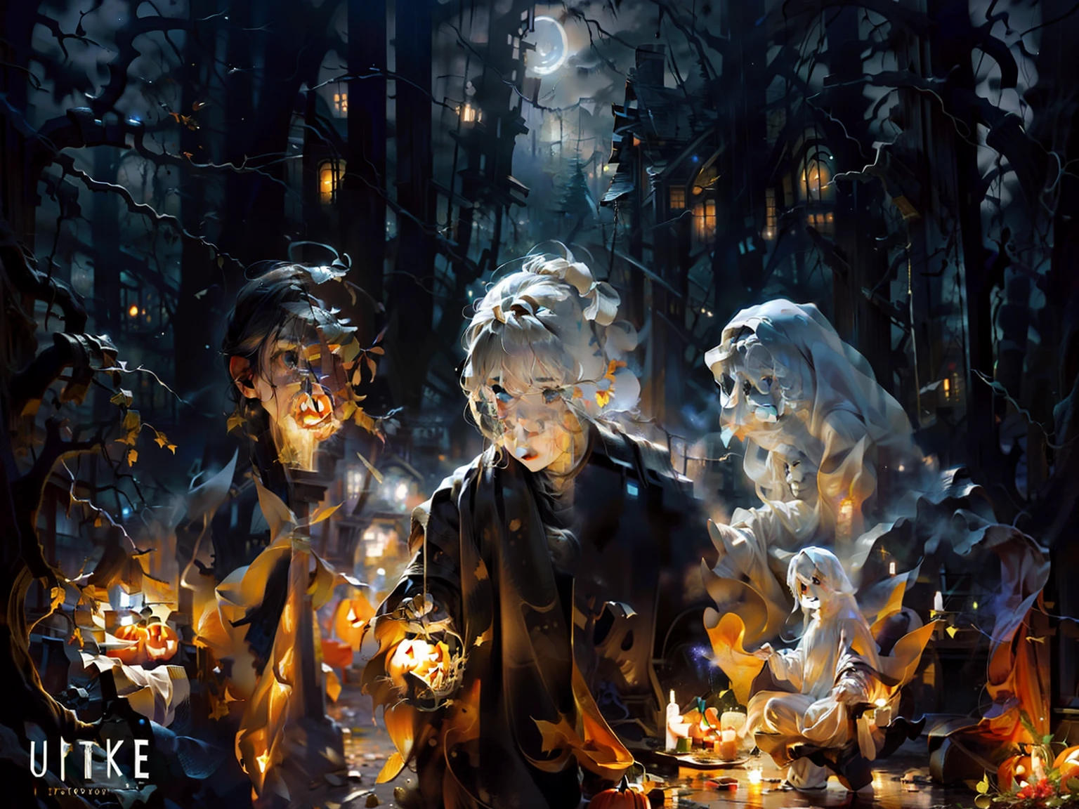 masterpiece,best quality,ultra-detailed,photorealistic,realistic,photography,1girl,ghost,ghost costume,pumpkin,forest,night,moon,