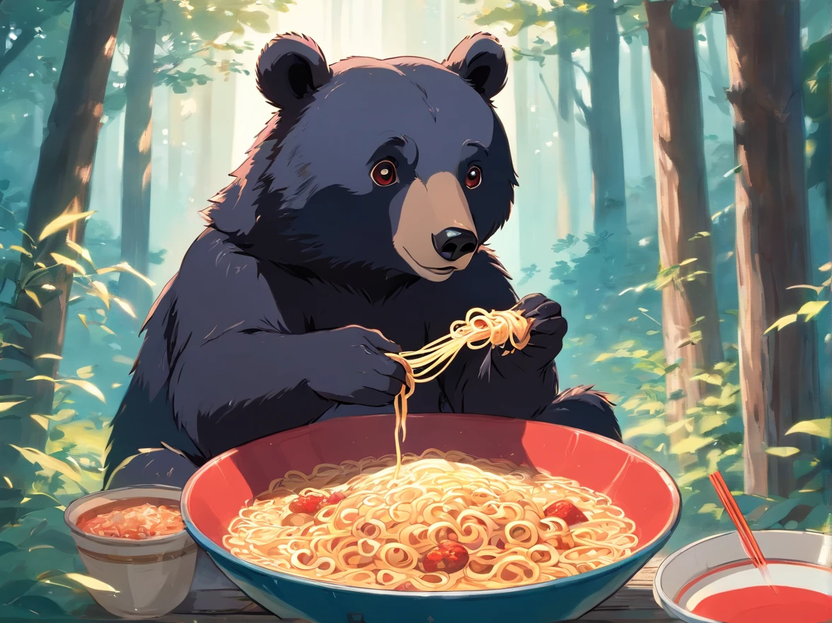 Picture of black bear eating instant noodles, In the style of medieval illustrations, Symbolic figurative landscapes, Light red and silver, Vintage poster design, Organic Art Nouveau, Saturated pigment pool, Woodblock prints of a bear cub climbing a tree