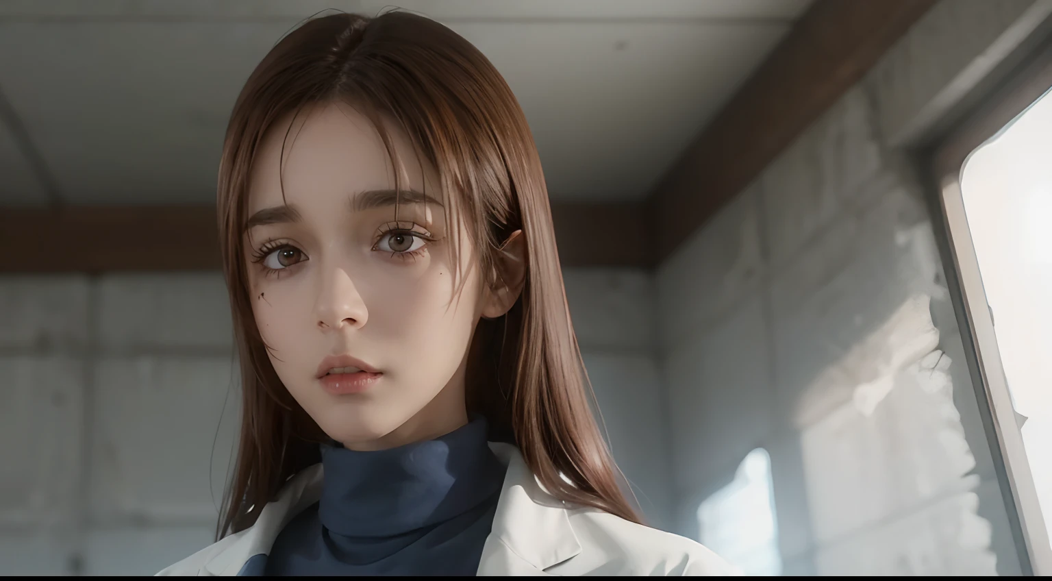 shoko_ieiri, brown hair, brown eyes, eyebags, eyeshadow, makeup, labcoat, blue turtleneck, 1 girl, solo, detailed face, detailed skin, film grain, realistic, large breast