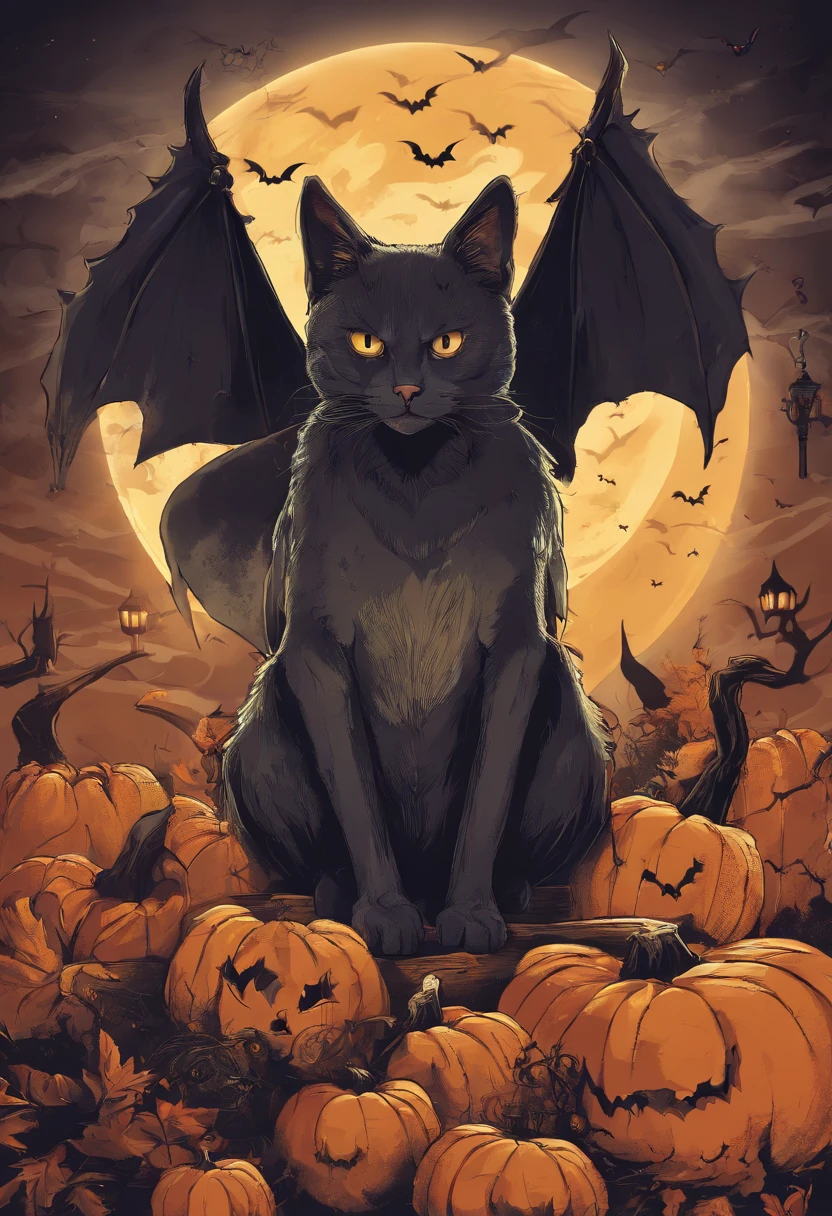 Black cat with bat wings and fangs, red eyes, pumpkins, spooky, Halloween, cat, photorealistic, octane render, best quality, looking at viewer, looking down, sharp focus, (8k), (4k), (Masterpiece), (Best Quality), (realistic skin texture), extremely detailed, intricate, hyper detailed, , illustration, soft lighting, , high resolution, sharp detail, blush, (((FROM BELOW)))