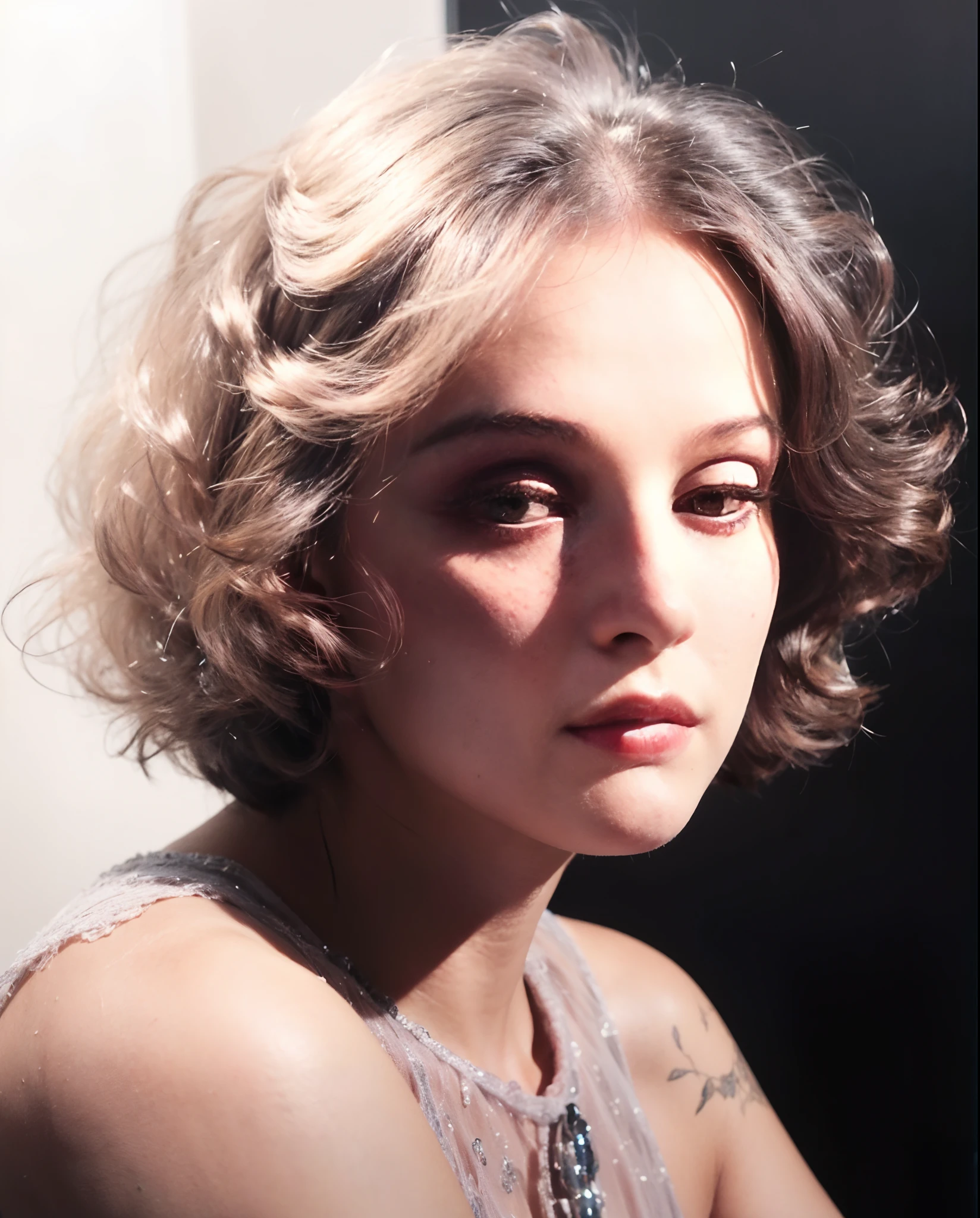 arafed woman with a curly haircut and a pink dress, inspired by George Hurrell, color portrait, soft portrait shot 8 k, soft portrait, inspired by Delphin Enjolras, up face with 1 9 2 0 s hairstyle, a still of an ethereal, inspired by Henryk Siemiradzki, 8k portrait render, 8k portrait, detailed intricate fabric texture, (charcoal black theme:1.3), spiral patterns, body freckles, bright, high quality image, masterpiece, detailed hair texture, detailed skin texture, detailed cloth texture, 8k, add fabric details, ultra detailed skin texture, ultra detailed photo, skin pores, cloth details, high skin details, realistic hair details, (8K, RAW photo, best quality, masterpiece:1.2), (realistic, photo-realistic:1.4), ultra-detailed (grainy:0.2)