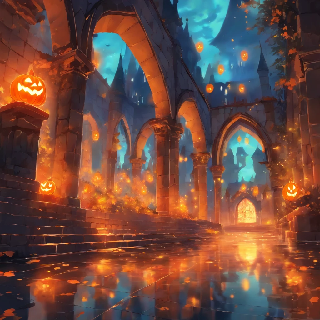 Halloween floating lights, cinematic light and reflections, Glowing lights, Intermediate metaverse elements，Digital painting, glowing reflections, Pondering, Halloween Jack Lantern, calm evening, Digital illustration, Beautiful atmosphere, Skylight at night, Peaceful evening atmosphere, Jack-o'-lantern, Halloween, the night, themoon, game scenes, Halloween, Surrounded by clouds, Architecture of medieval Europe, glazed tiles, European Union, Gorgeous colors, There are three arches in the foreground((Color ink)), ( (Splash ink ) ), ((Splash ink) Inky})), tmasterpiece, high qulity, Beautiful graphics, high detal,Magnificent