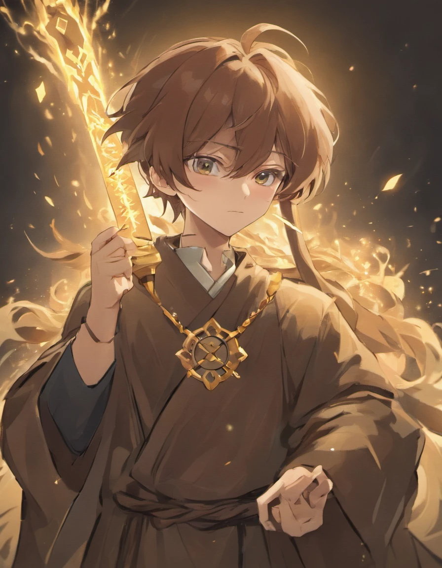 1man Caucasian, long brown hair tied into a messy bun, long brown beard draped over his grey archnages robes, he clutches a black book with gold inlays emitting a powerful green magic and mighty staff in the other, his face is confidently smiling, character portrait, anime style