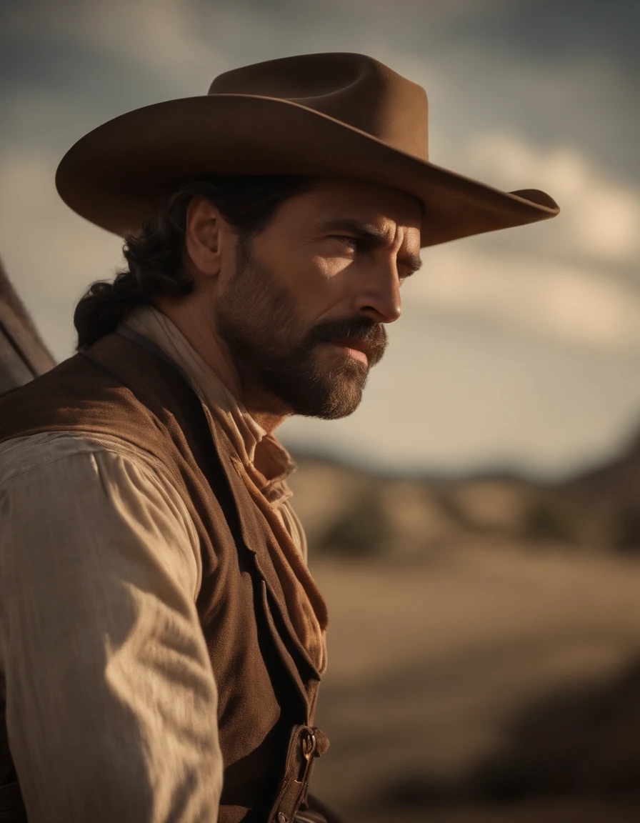cinematic portrayal, ((Parte superior del cuerpo)), De cara a la audiencia, (Realidad :1.3), The most beautiful art photo in the world, A man looks at the camera, Conjuntos de mezclilla vintage, Vaquero occidental, Cara hermosa detallada, action shot, (intrincado :1.4), Antecedentes occidentales, realistic photograph, during the day, CG, Stand de Arte