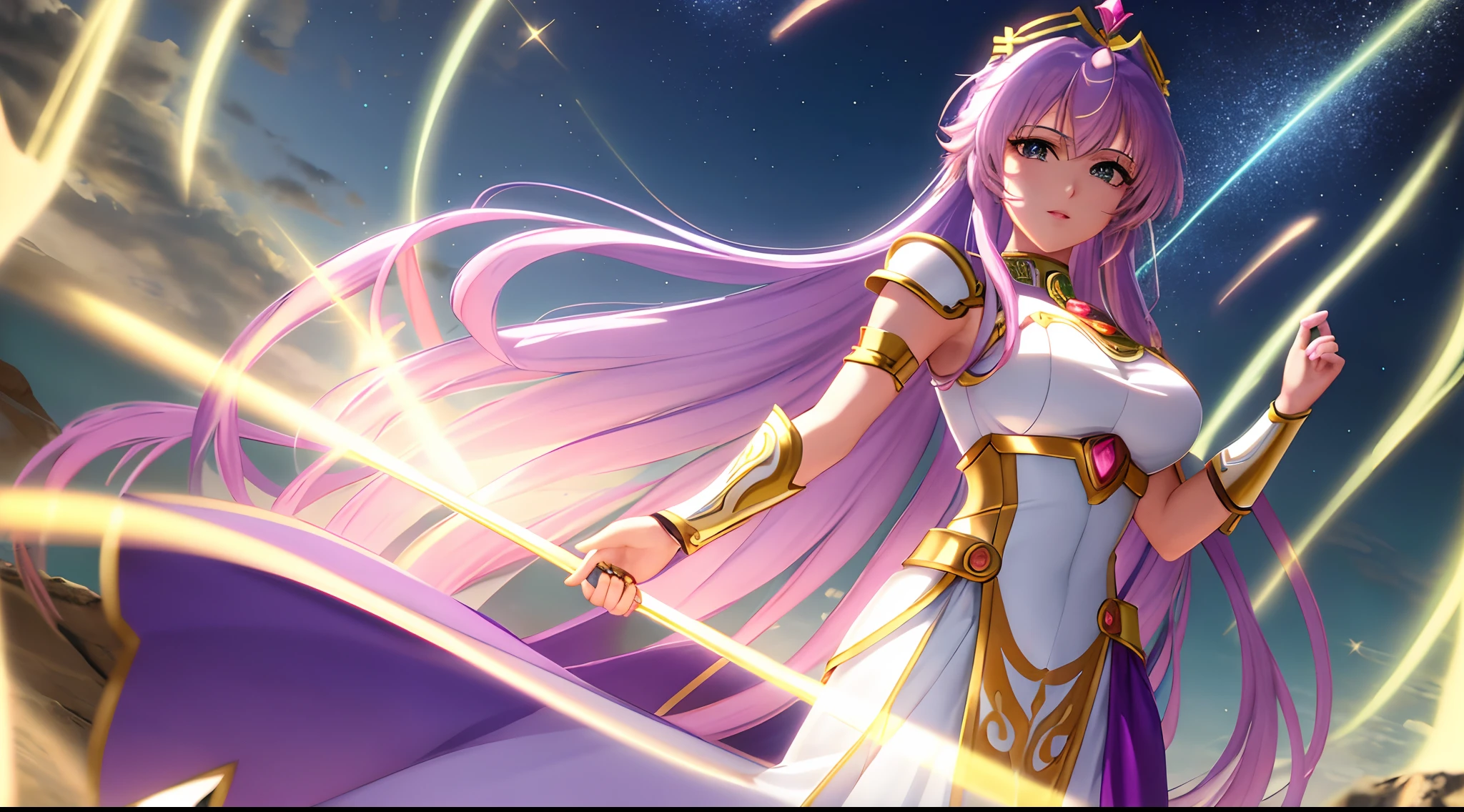 Saint seiya Athena with plain long light purple hair,hair between eyes,green eyes,rosy cheeks,full lips,thin eyebrows,slender body,wearing juliet knight armor and full long skirt,praying beads on neck,cute anime girl,full body,rocky cliff night stars in background,anime style,Lumen Reflections,Screen Space Reflections,Diffraction Grading,Chromatic Aberration,GB Displacement,Scan Lines,Ray Traced,Anti-Aliasing,FXAA,TXAA,RTX,SSAO,Shaders,OpenGL-Shaders, GLSL-Shaders,Post Processing,Post-Production,cell Shading,Tone Mapping,CGI,VFX,SFX,insanely detailed and intricate, 4K,standing, solo, masterpiece, best quality, detailed face, detailed eyes, highres, standing, solo,masterpiece, best quality