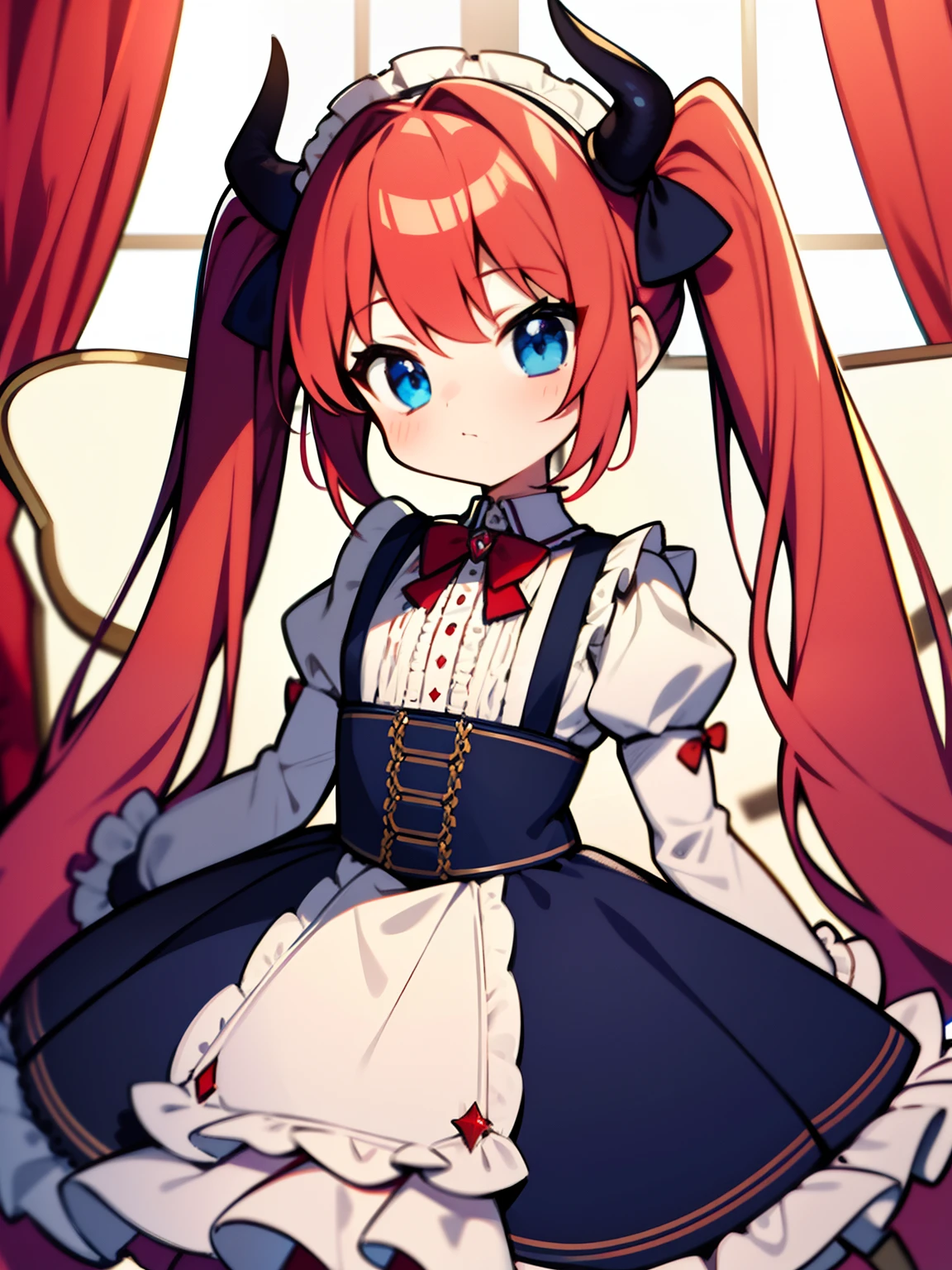{{best quality}}, {{masterpiece}}, {{ultra-detailed}}, {illustration}, {detailed light}, red hair,blue eyes,twintails,lolita,Suspenders skirt,Fantastic,loli,solo,Dragon horns,little girl,long hair