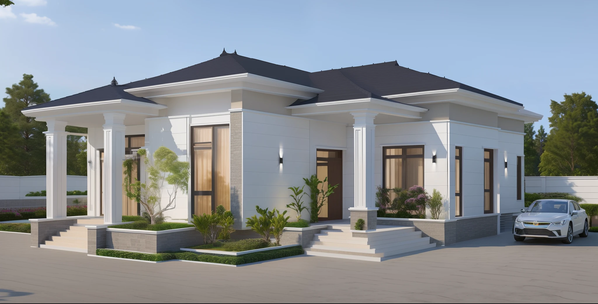 a drawing of a small house with slope roof, (brightenness:1.3), (morden:1.3)), (road:1.3), large space infront of, detail flower front perspective, frontview, perspective view, wide frontal view, front view, front-view, rendering, elevation view, front elevation view, all white render, sketch - up, frontal view, symmetrical front view, front facing view, front elevation, 3/4 front view, front side view,"A picture showcasing a captivating modern villa, featuring an expansive and well-ventilated yard adorned with vibrant flowers and flourishing trees."(RAW photo), highest quality, (masterpiece:1.2), High detail RAW color photo, extremely detailed CG unity 8k wallpaper, (photo realism:1.4), (highres), hyperdetailed, (photorealistic:1.2), (best quality:1.3),perfect anatomy, (exterior), model villa, super realistic , 32k