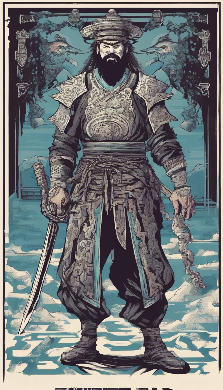 middle aged man, high resolucion;, black color hair, , Chinese Warrior, Delicate three-dimensional blue flame demon face, beard, Wearing a hat, perfect body proportions, caftan, Black and white gown, A sheath hangs from his waist, Handsome, full body view, Standing at your feet., (White background:1.3), Swordsman, He had a long, wide and heavy knife in his hand。。。。。。。。。。, Face the lens, (Black clothe:0.8), High Detail, Masterpiece, ccurate, Anatomically accurate., textured skin