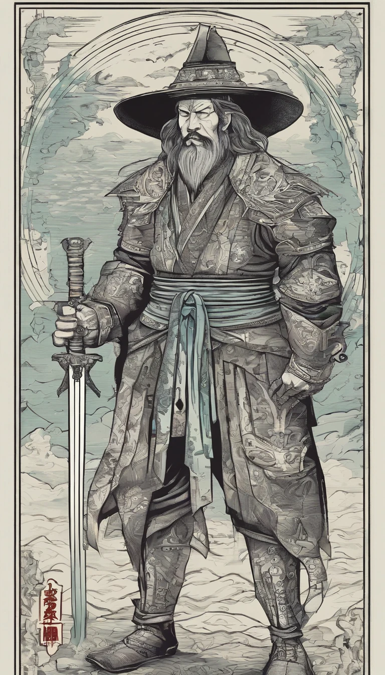 middle aged man, high resolucion;, black color hair, , Chinese Warrior, Delicate three-dimensional blue flame demon face, beard, Wearing a hat, perfect body proportions, caftan, Black and white gown, A sheath hangs from his waist, Handsome, full body view, Standing at your feet., (White background:1.3), Swordsman, He had a long, wide and heavy knife in his hand。。。。。。。。。。, Face the lens, (Black clothe:0.8), High Detail, Masterpiece, ccurate, Anatomically accurate., textured skin