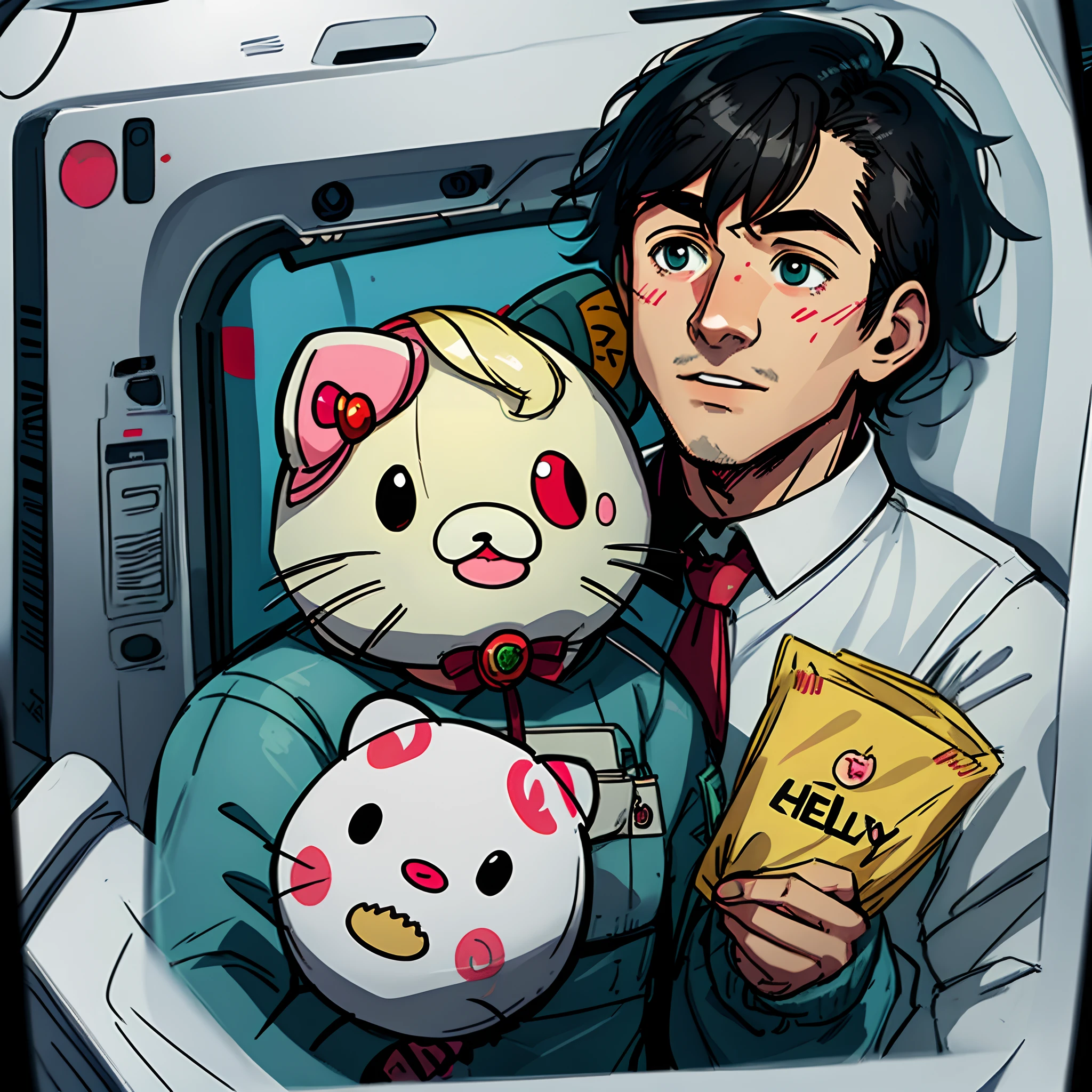 Call of duty man holding hello kitty plush