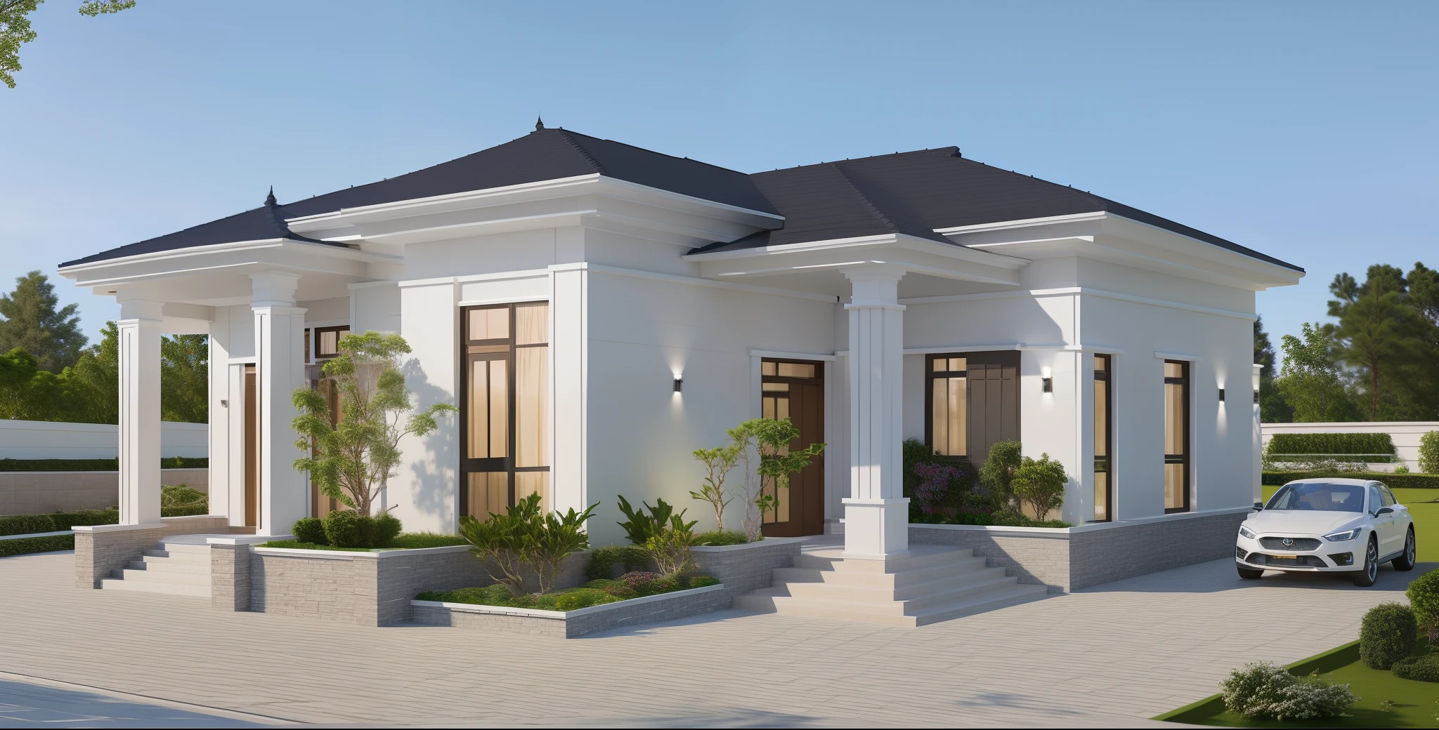 a drawing of a small house with slope roof, (brightenness:1.3), (morden:1.3)), (road:1.3), large space infront of, detail flower front perspective, frontview, perspective view, wide frontal view, front view, front-view, rendering, elevation view, front elevation view, all white render, sketch - up, frontal view, symmetrical front view, front facing view, front elevation, 3/4 front view, front side view,"A picture showcasing a captivating modern villa, featuring an expansive and well-ventilated yard adorned with vibrant flowers and flourishing trees."(RAW photo), highest quality, (masterpiece:1.2), High detail RAW color photo, extremely detailed CG unity 8k wallpaper, (photo realism:1.4), (highres), hyperdetailed, (photorealistic:1.2), (best quality:1.3),perfect anatomy, (exterior), model villa, super realistic , 32k