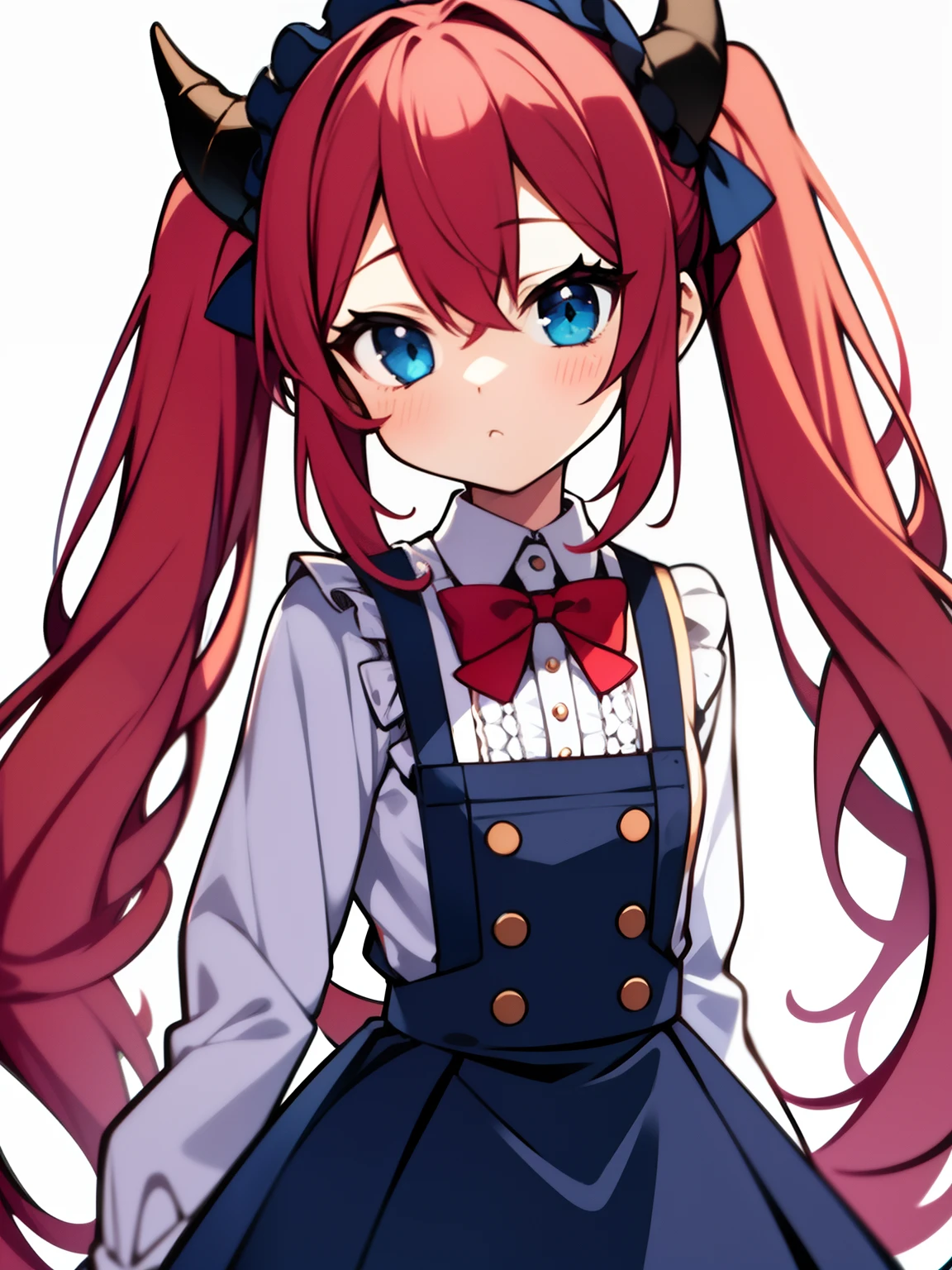 {{best quality}}, {{masterpiece}}, {{ultra-detailed}}, {illustration}, {detailed light}, red hair,blue eyes,twintails,lolita,Suspenders skirt,Fantastic,loli,solo,Dragon horns, girl,long hair