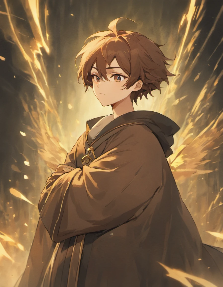 1man Caucasian, long brown hair tied into a messy bun, long brown beard draped over his grey archnages robes, he clutches a black book with gold inlays emitting a powerful green magic and mighty staff in the other, his face is confidently smiling, character portrait, anime style 30yrs old