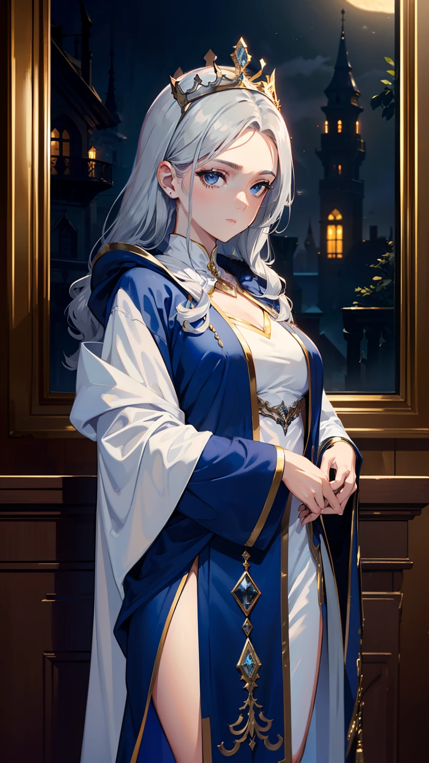masterpiece, ultra detailed, 8K Portrait, Raw photo, woman's portrait photography, Highly detailed face, ((Fantasy)), ((Adult)), (((Bewitching queen))), ((silver tiara)), Tight eyes, (((expressionless))), ((Brown skin)), (((blue gray colored hair))), (((forehead))), put hand on the armrest, legs crossed and lean back in the throne, (((silver Silk Long Cloak))), (((Gorgeous Deep blue long robe))), Midnight, by the Moon, Hyper realistic, Slender body, In the large audience room of the Devil's Castle, moonlight lighting, Shadow details , Camera focus on thigh, strong breeze, Light fog