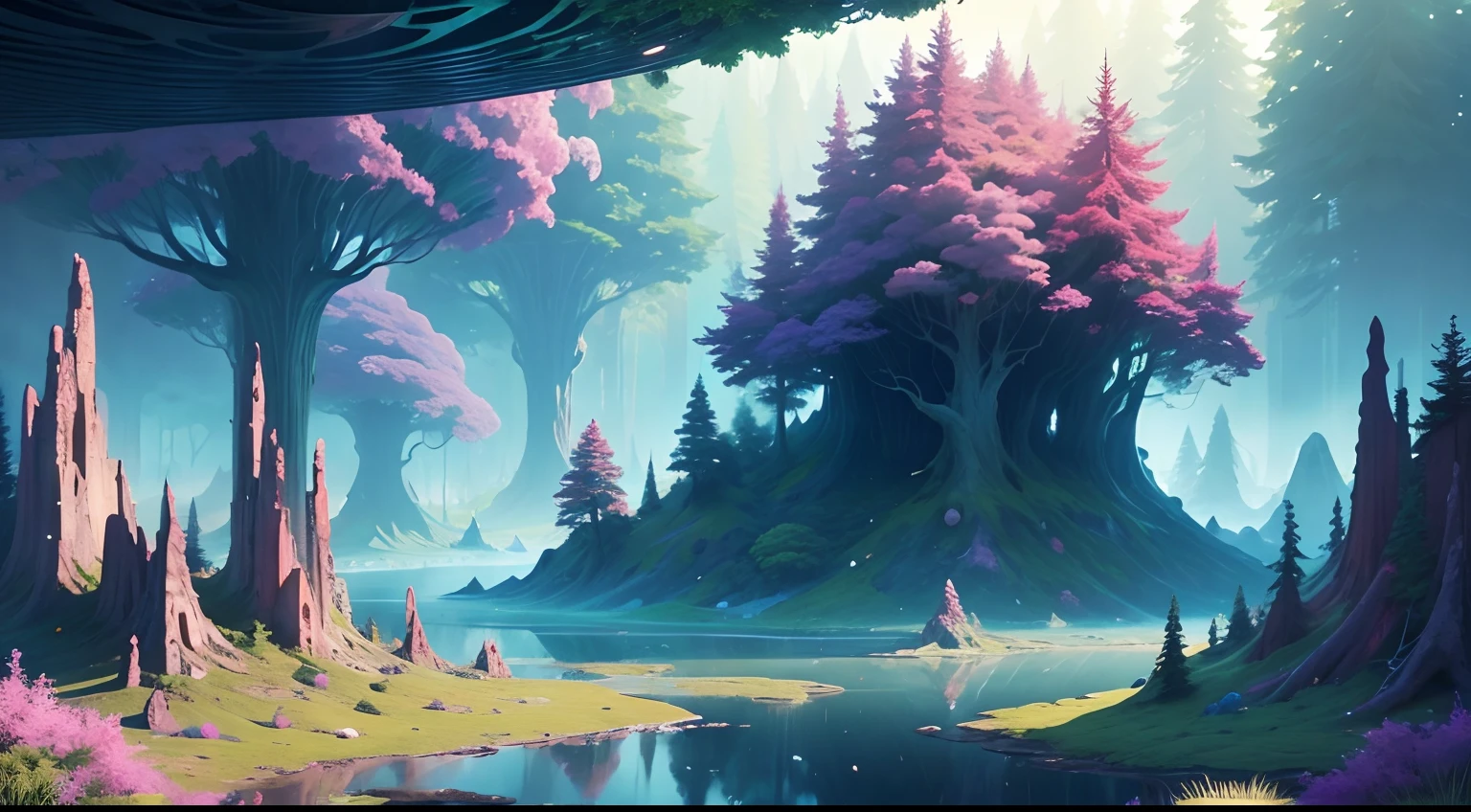 a hyper realistic forest ravine on floating space ruble islands in a colorful nebulous cosmic space