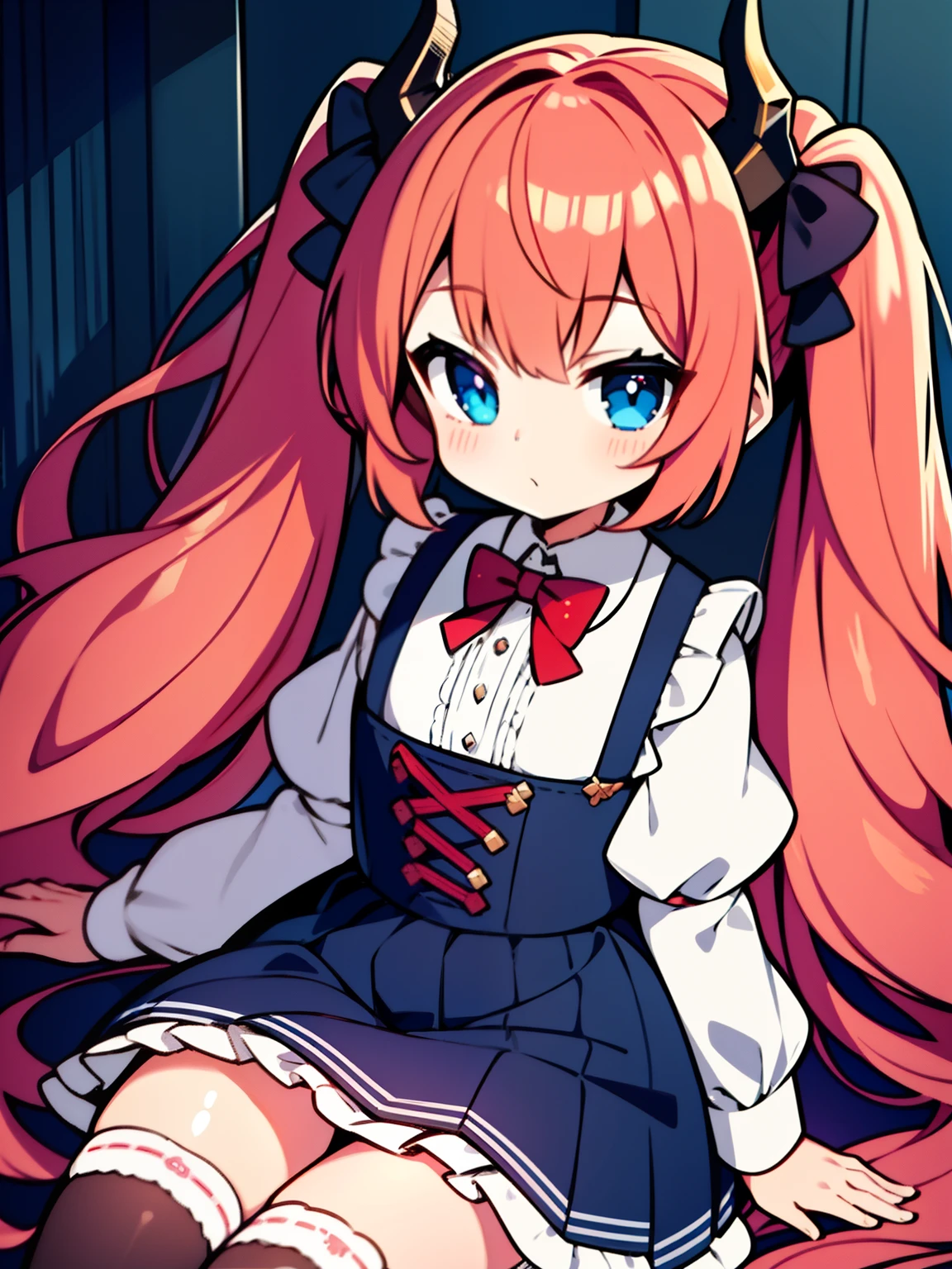 {{best quality}}, {{masterpiece}}, {{ultra-detailed}}, {illustration}, {detailed light}, red hair,blue eyes,twintails,lolita,Suspenders skirt,Fantastic,loli,solo,Dragon horns, girl,long hair