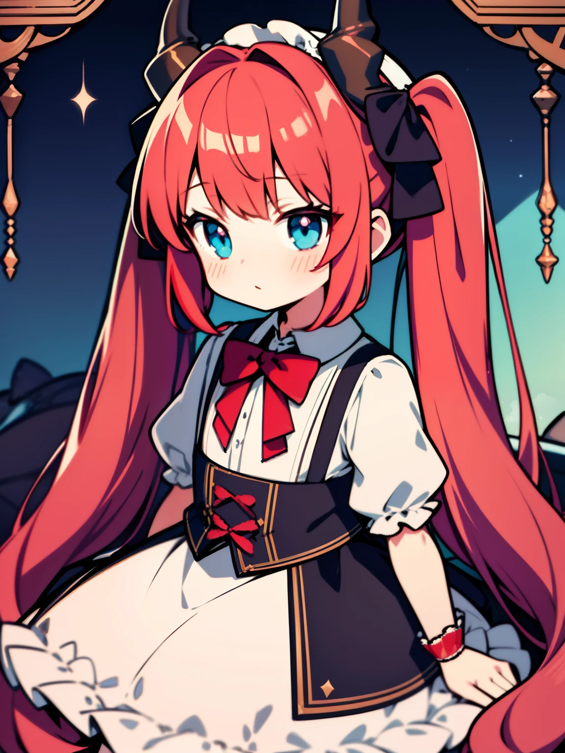 {{best quality}}, {{masterpiece}}, {{ultra-detailed}}, {illustration}, {detailed light}, red hair,blue eyes,twintails,lolita,Suspenders skirt,Fantastic,loli,solo,Dragon horns, girl,long hair