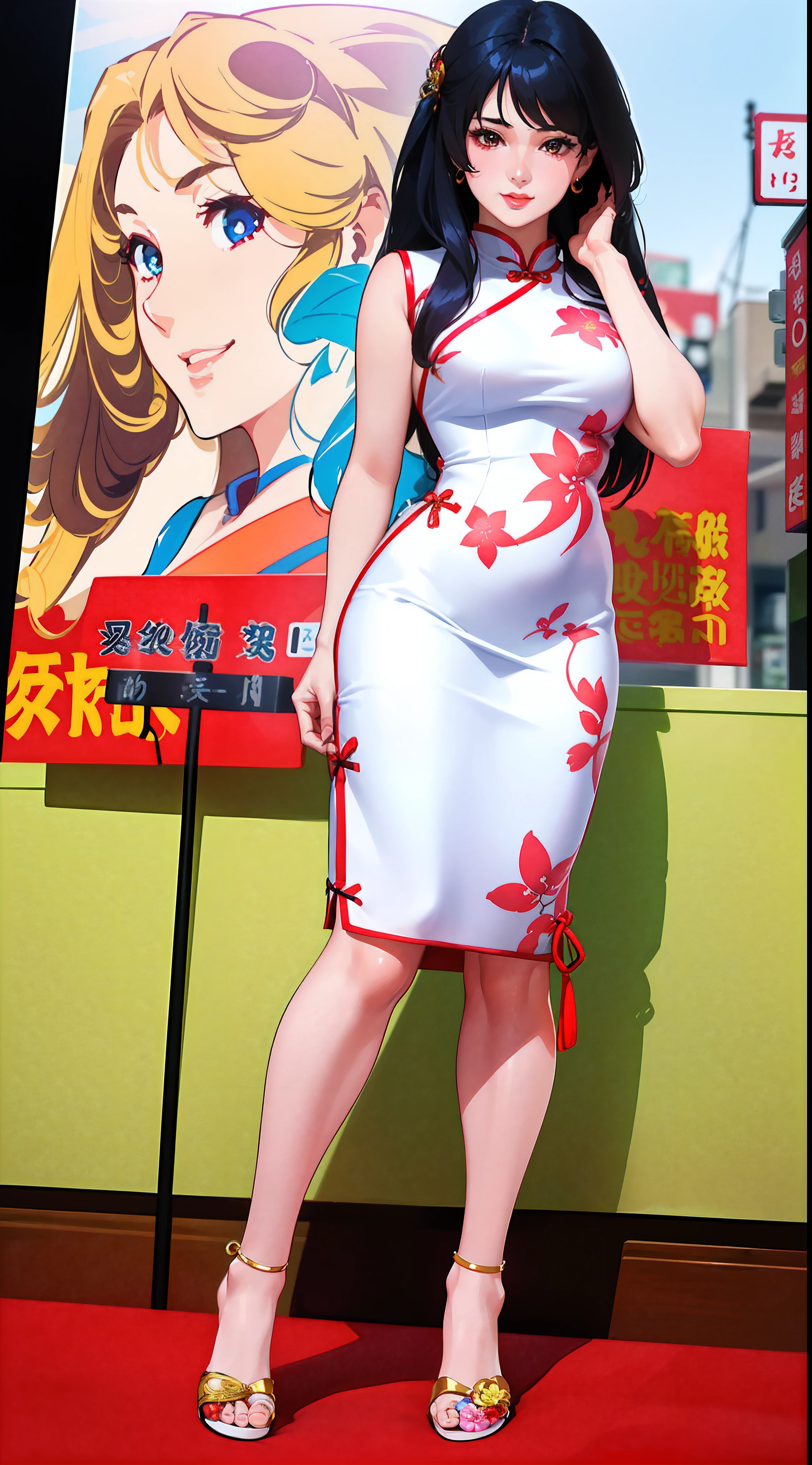 NSFW, 8K, RAW photo, ultra high res,(1girl:2.0), (photorealistic:1.4), black hair, smile, bright pupils, high detail, Realism, Fujicolor, image fill, viewfinder, Eye-Level Shot, 8k, super detail, UHD, retina, masterpiece, anatomically correct, textured skin, high details, high quality, award winning, best quality, high res, 16K, (Never split:2.0)、(10 head body:2.0)、(wonderful proportions:1.8)、(Full-body image:1.8)、(long and beautiful legs:1.6)、(Super high cut cheongsam:1.8)、(A slit that boldly cuts above the waist:1.8)、(((The most beautiful woman in Yokohama Chinatown is standing in a gorgeous cheongsam、Her cheongsam is decorated with beautiful embroidery and gilded ornaments to further enhance her charm.、The dress fits snugly to the body and beautifully emphasizes its curves.、Her hair is flowing black and fluttering gracefully in the wind、Her face is Rui々She is full of good looks and her eyes have a deep charm.、Delicate eyebrows、A momentary mesmerizing blink、The delicate smile on her lips brings a special shine to her face、Her proportions are just ideal and her cheongsam fits as if to wrap around her beautiful body.、Her graceful, curvaceous waist and beautiful long legs accentuate the beauty of the dress with deep slits.、His attitude is confident and self-sincere, and he fascinates those around him like a walking flower.、The appearance of that beautiful woman in Yokohama Chinatown is like a dream and shows the ultimate in beauty.)))、(((auspicious々She has a dazzling appearance with good looks and flowing black hair.、Boasting perfectly harmonized proportions, the cheongsam fits her body perfectly and enhances her beauty.)))、Tange、Bun head