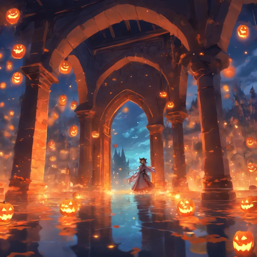 Halloween floating lights, cinematic light and reflections, Glowing lights, Intermediate metaverse elements，Digital painting, glowing reflections, Pondering, Halloween Jack Lantern, calm evening, Digital illustration, Beautiful atmosphere, Skylight at night, Peaceful evening atmosphere, Jack-o'-lantern, Halloween, the night, themoon, game scenes, Halloween, Surrounded by clouds, Architecture of medieval Europe, glazed tiles, European Union, Gorgeous colors, There are three arches in the foreground((Color ink)), ( (Splash ink ) ), ((Splash ink) Inky})), There were 2 women next to the door,tmasterpiece, high qulity, Beautiful graphics, high detal,Magnificent
