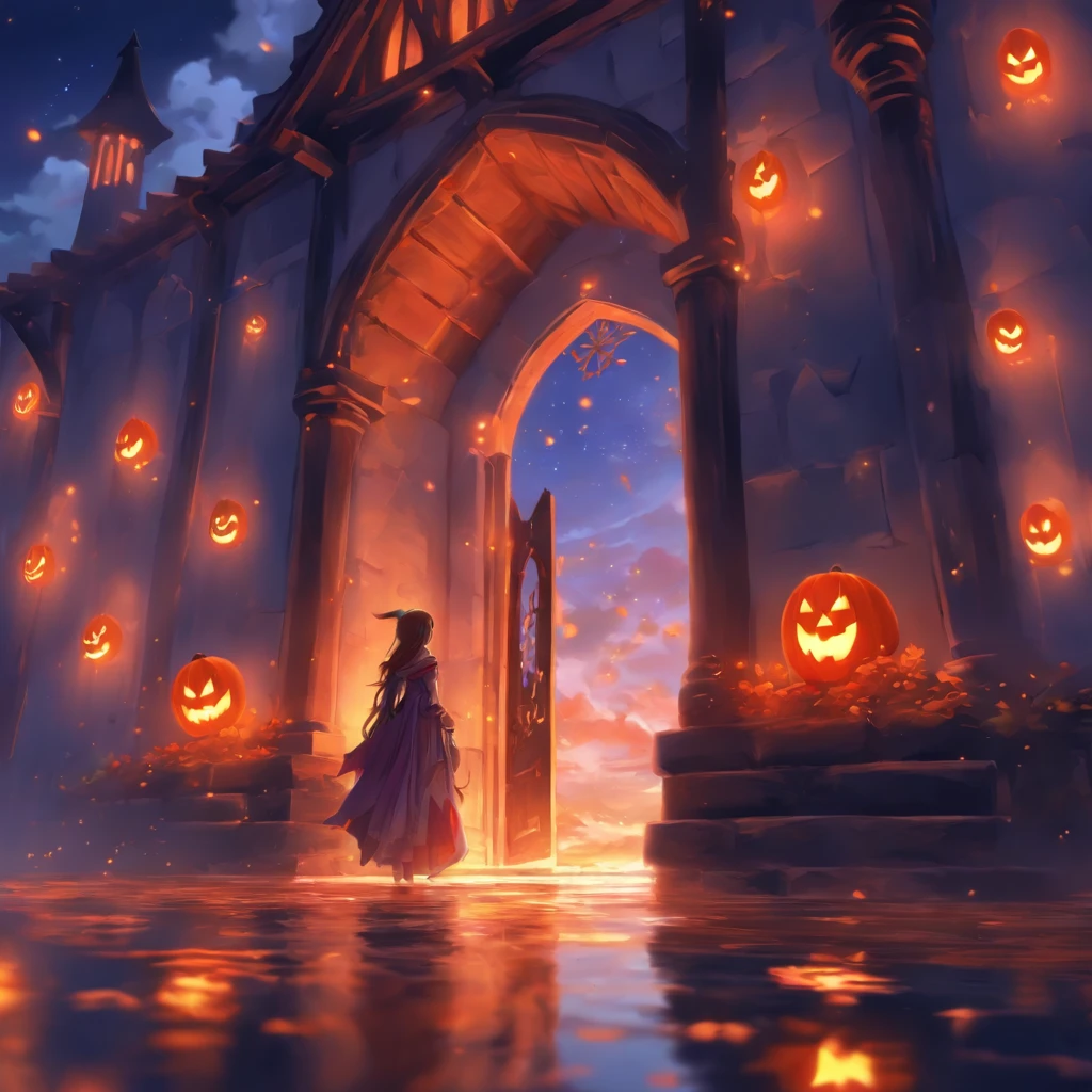 Halloween floating lights, cinematic light and reflections, Glowing lights, Intermediate metaverse elements,Digital painting, glowing reflections, Pondering, Halloween Jack Lantern, calm evening, Digital illustration, Beautiful atmosphere, Skylight at night, Peaceful evening atmosphere, Jack-o'-lantern, Halloween, the night, themoon, game scenes, Halloween, Surrounded by clouds, Architecture of medieval Europe, glazed tiles, European Union, Gorgeous colors, There are three arches in the foreground((Color ink)), ( (Splash ink ) ), ((Splash ink) Inky})), There were 2 women next to the door,tmasterpiece, high qulity, Beautiful graphics, high detal,Magnificent