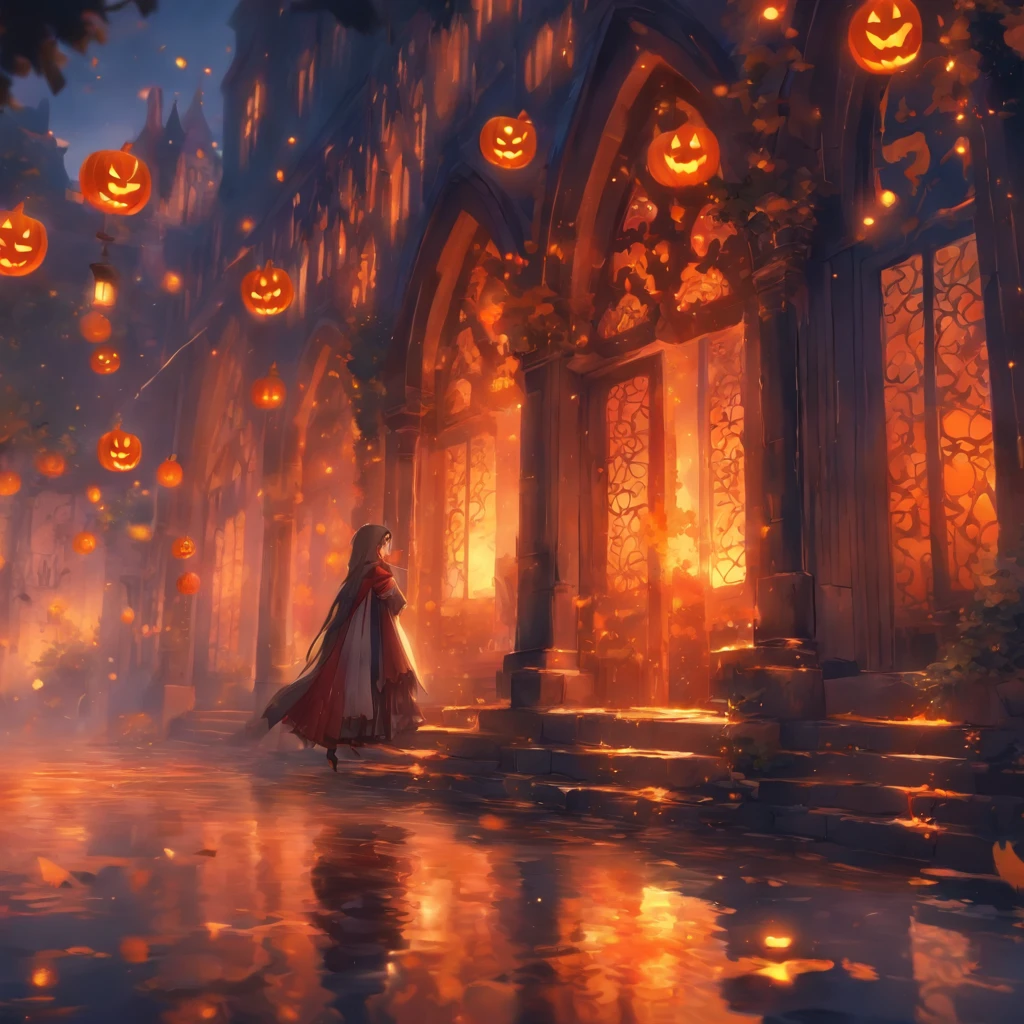Halloween floating lights, cinematic light and reflections, Glowing lights, Intermediate metaverse elements，Digital painting, glowing reflections, Pondering, Halloween Jack Lantern, calm evening, Digital illustration, Beautiful atmosphere, Skylight at night, Peaceful evening atmosphere, Jack-o'-lantern, Halloween, the night, themoon, game scenes, Halloween, Surrounded by clouds, Architecture of medieval Europe, glazed tiles, European Union, Gorgeous colors, There are three arches in the foreground((Color ink)), ( (Splash ink ) ), ((Splash ink) Inky})), There were 2 women next to the door,tmasterpiece, high qulity, Beautiful graphics, high detal,Magnificent