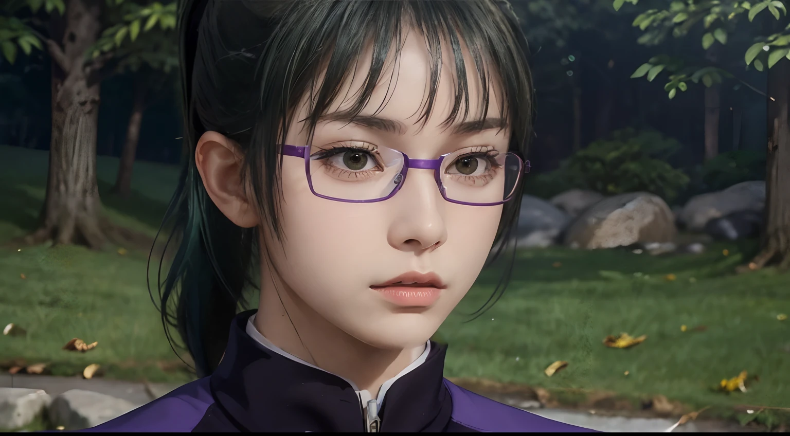 zenin_maki, ponytail, glasses, bangs, green hair, brown eyes, jujutsu_uniform, purple jacket, 1 girl, solo, detailed face, detailed skin, film grain, realistic, large breast, skin pores