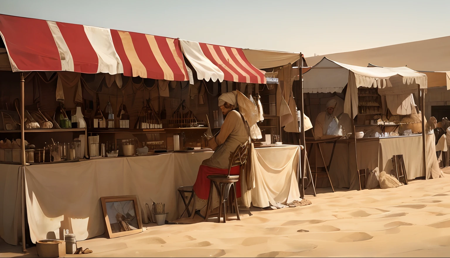 Kandahar 1923 dusty desert 20 feet tall wine glass covered in dust upside down in the sand, with poor old arab ragged beggers on each side, market stalls in background, 19th century photographic, 8K hyper-realistic, browns and beiges