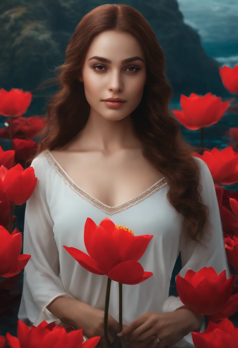 Samia, girl, Solo, Shirt, looking at you, Face, Perfect, Flowers, High quality, Radiant, knight, godly, Red Shirt, red velvet, Water, ocean, lotuses