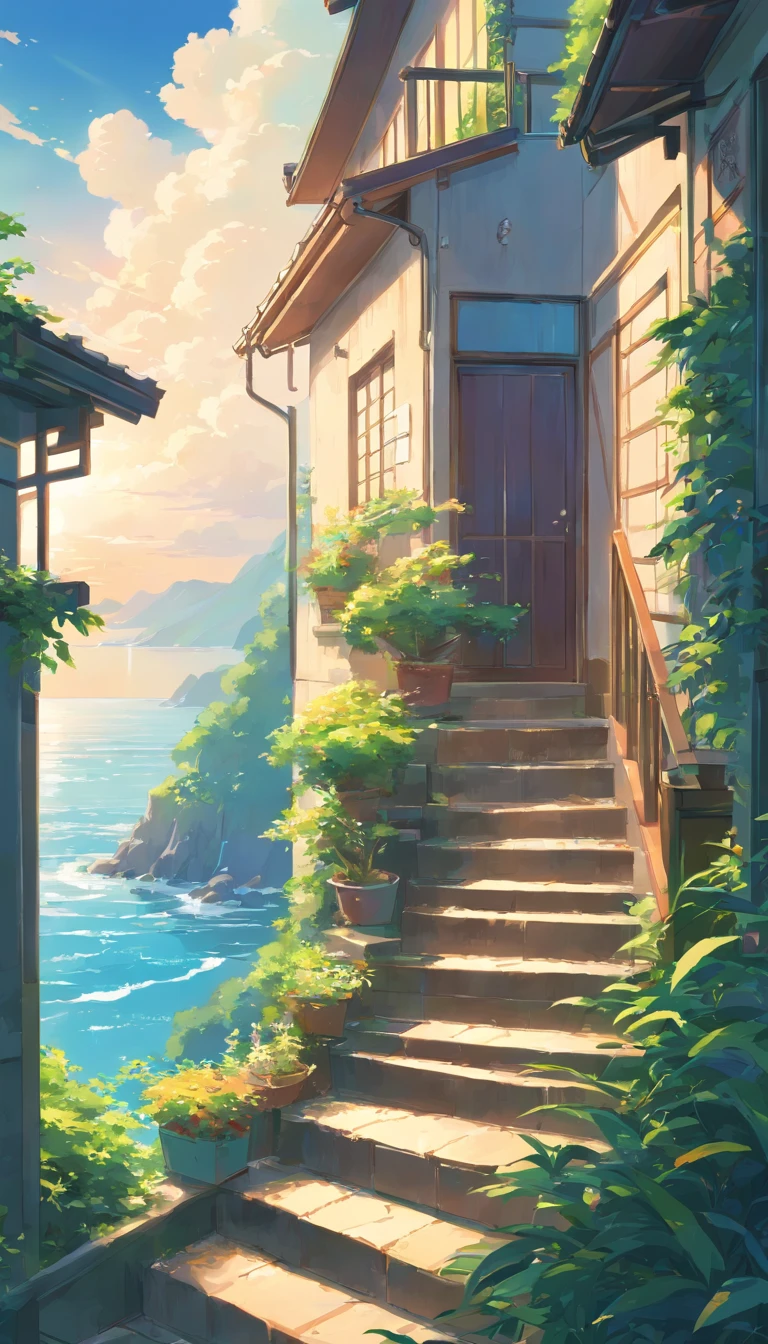 A painting of a staircase leading to a house with a sea view, beautiful anime scenery, Anime background art, Detailed scenery —width 672, beautiful anime scenes, Anime landscapes, anime beautiful peace scene, Summer street near the beach, anime backgrounds, Makoto Shinkai's style, Makoto Shinkai. High detail, Anime landscape concept art, landscape artwork