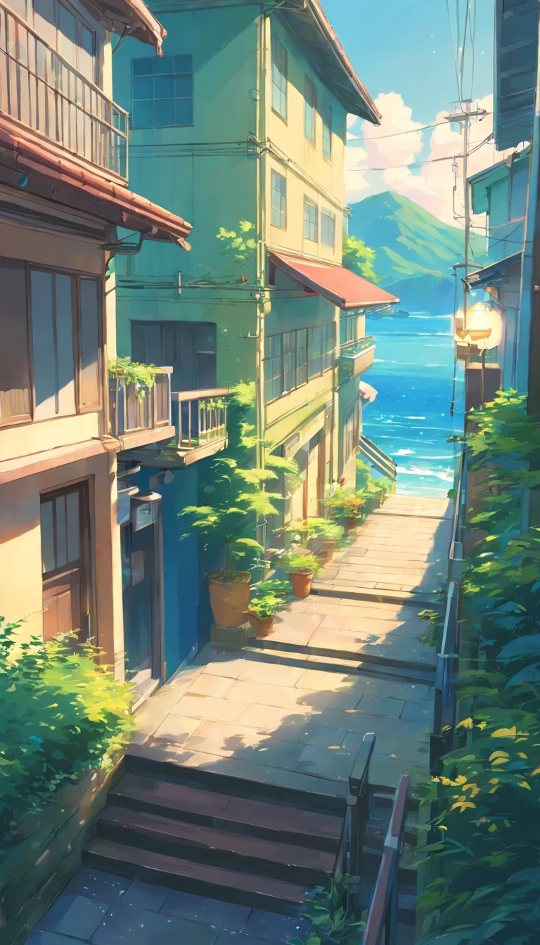 A painting of a staircase leading to a house with a sea view, beautiful anime scenery, Anime background art, Detailed scenery —width 672, beautiful anime scenes, Anime landscapes, anime beautiful peace scene, Summer street near the beach, anime backgrounds, Makoto Shinkai's style, Makoto Shinkai. High detail, Anime landscape concept art, landscape artwork