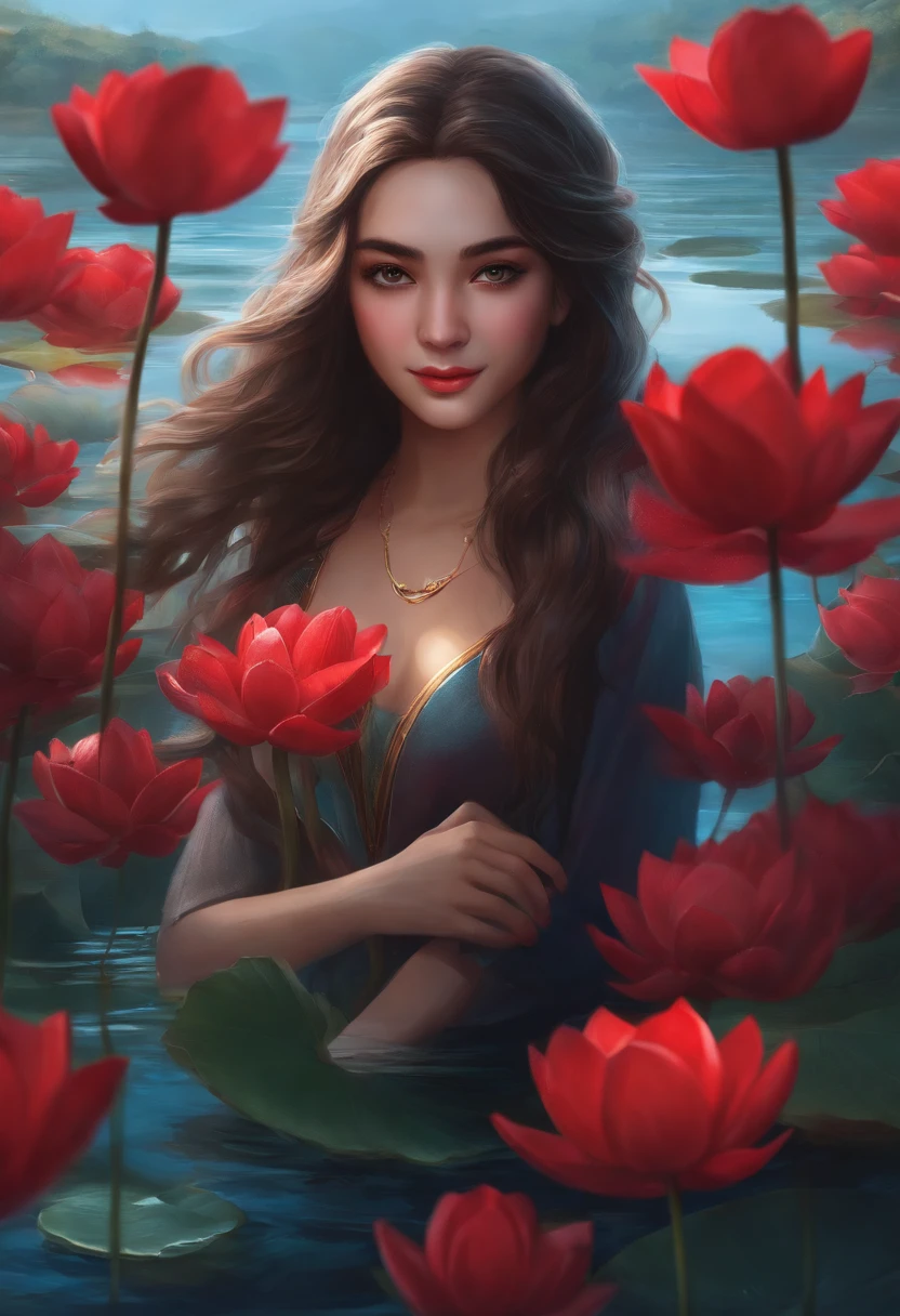 Samia, girl, Solo, Shirt, looking at you, Face, Perfect, Flowers, High quality, Radiant, knight, godly, red velvet, Water, ocean, lotuses