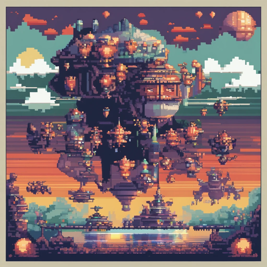 The last boss of vertical scrolling shooter、retro gaming、Symmetrical shape、spaceships、Floating in the air、spherical