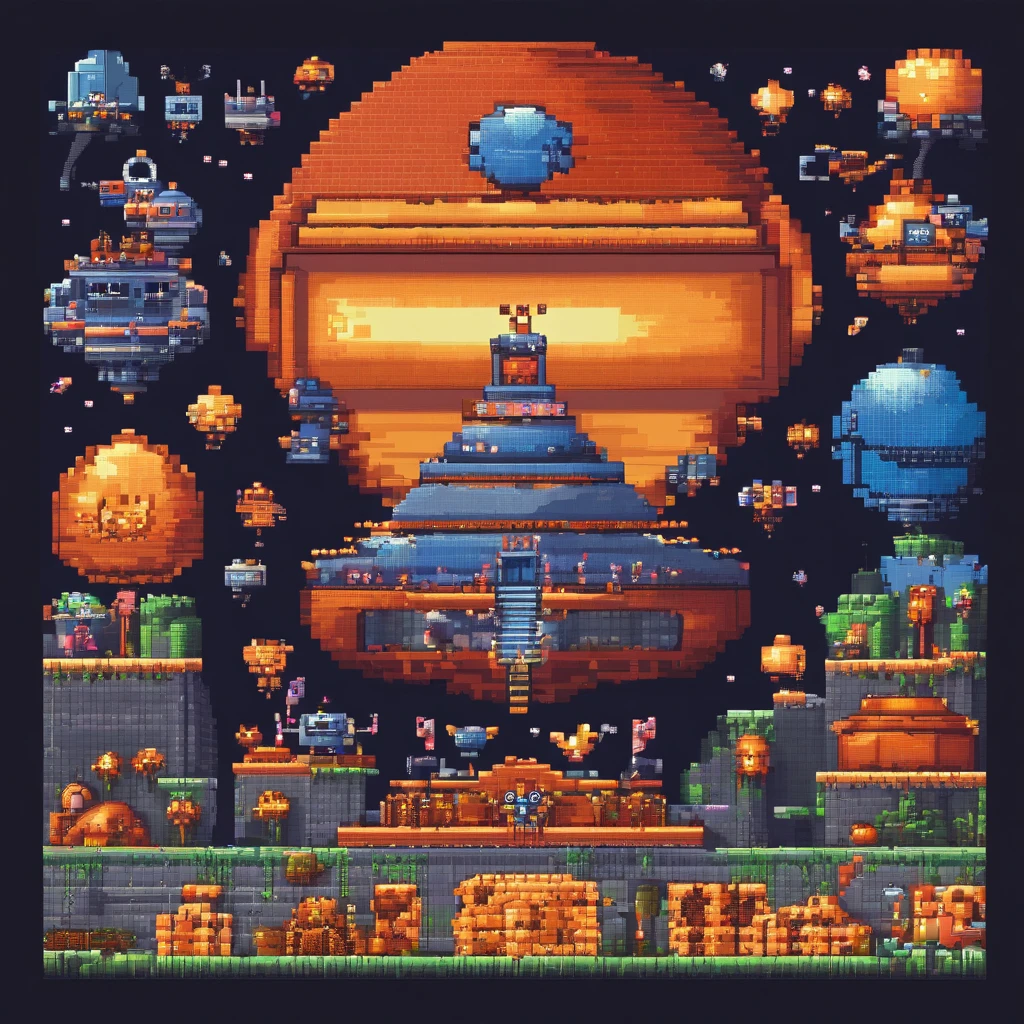 The last boss of vertical scrolling shooter、retro gaming、Symmetrical shape、spaceships、Floating in the air、spherical