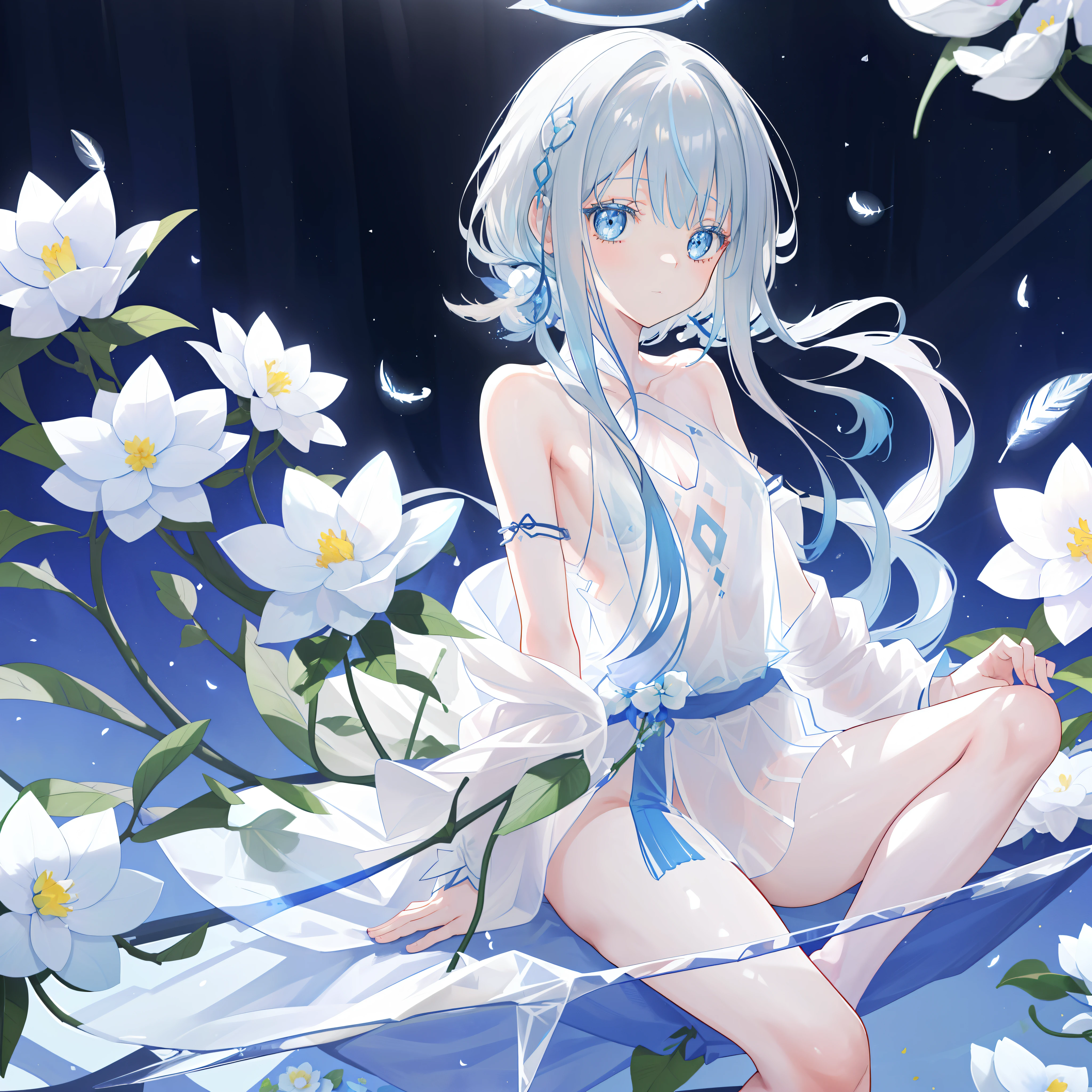 (((A close view: 1.4))) of an anime teen girl, (sitting on (((flowers: 1.9))) an (a flower forest: 1.7)), (((half naked))), (barefoot), cinematic light, slim body with curves, skin is perfectly white, soft, and smooth, ((no nsfw)), Extremely delicate and beautiful CG illustration, best quality, high resolution, dynamic angle, full-length lens, (1 girl), floating, soft light, high-key lighting), glowing light, blue halo, feathers fluttering background, blue crystal, (((wearing nothing but a white (transparent) tank top)))