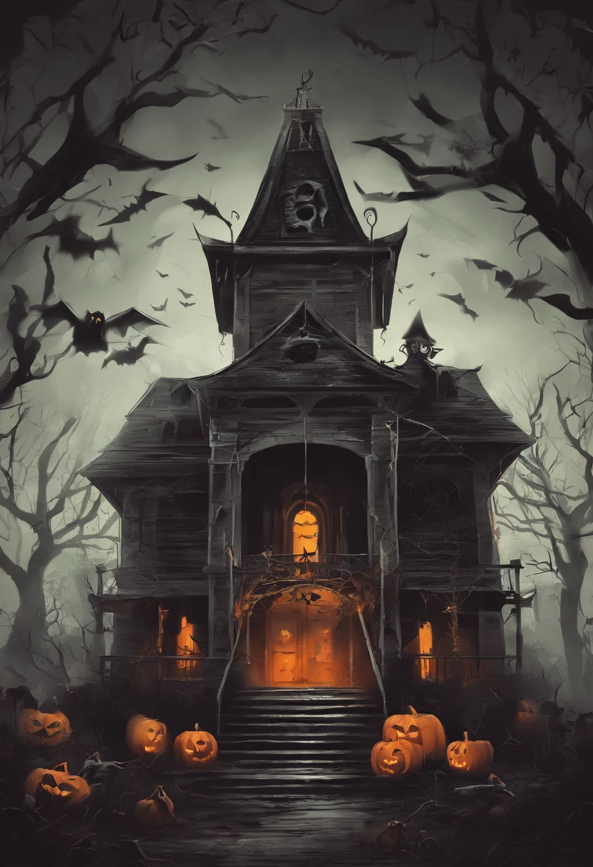 A painting of a creepy house with pumpkins and bats - SeaArt AI