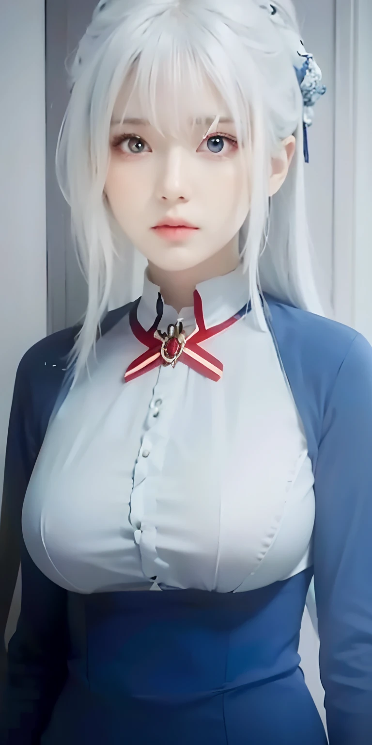 1girl,big breast,white hair,red eyes, blue and white clothes, ultra detailed, masterpiece, realistic