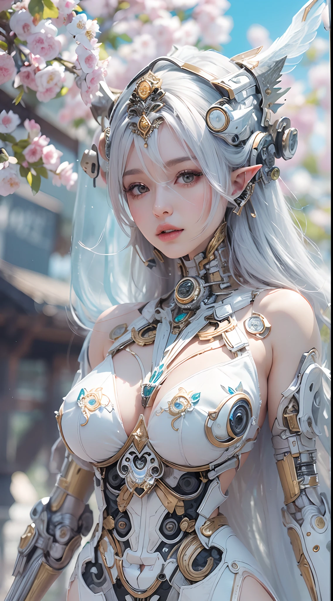 (NSFW (New South Wales) (New South Wales):1.5),(high resolucion, 4k, Masterpiece:1.2),((Ultra-detailed:1.2)),(realisitic,Realistis:1.37),Girl robot married in Japan,Bridal dress,mechanical limb,Mechanical trunk,Made of shiny white and silver translucent glass and plastic, Delicate lace dresses, Joyful expressions, , vibrant colours, cherry blossom background, Bright sunlight, highly intricate details, Female elves, Beautiful waist, navels, big size ass, Exposed metal skeleton, 1 Cyborg Girl, Detailed hydraulic cylinders from Sumer, Raw skin is exposed to the valley、large full breasts, (random pose、dynamicposes,:1.2)