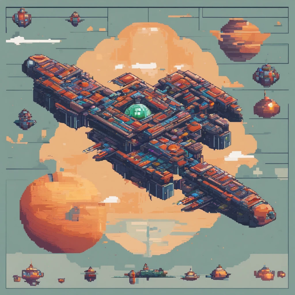 The last boss of vertical scrolling shooter、retro gaming、Symmetrical shape、spaceships、Floating in the air、spherical、机器人
