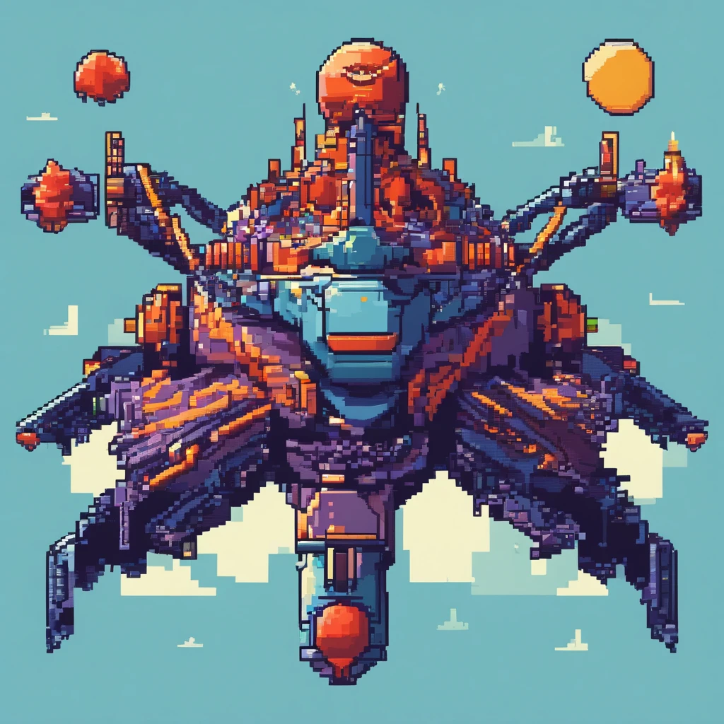 The last boss of vertical scrolling shooter、retro gaming、Symmetrical shape、spaceships、Floating in the air、spherical、机器人