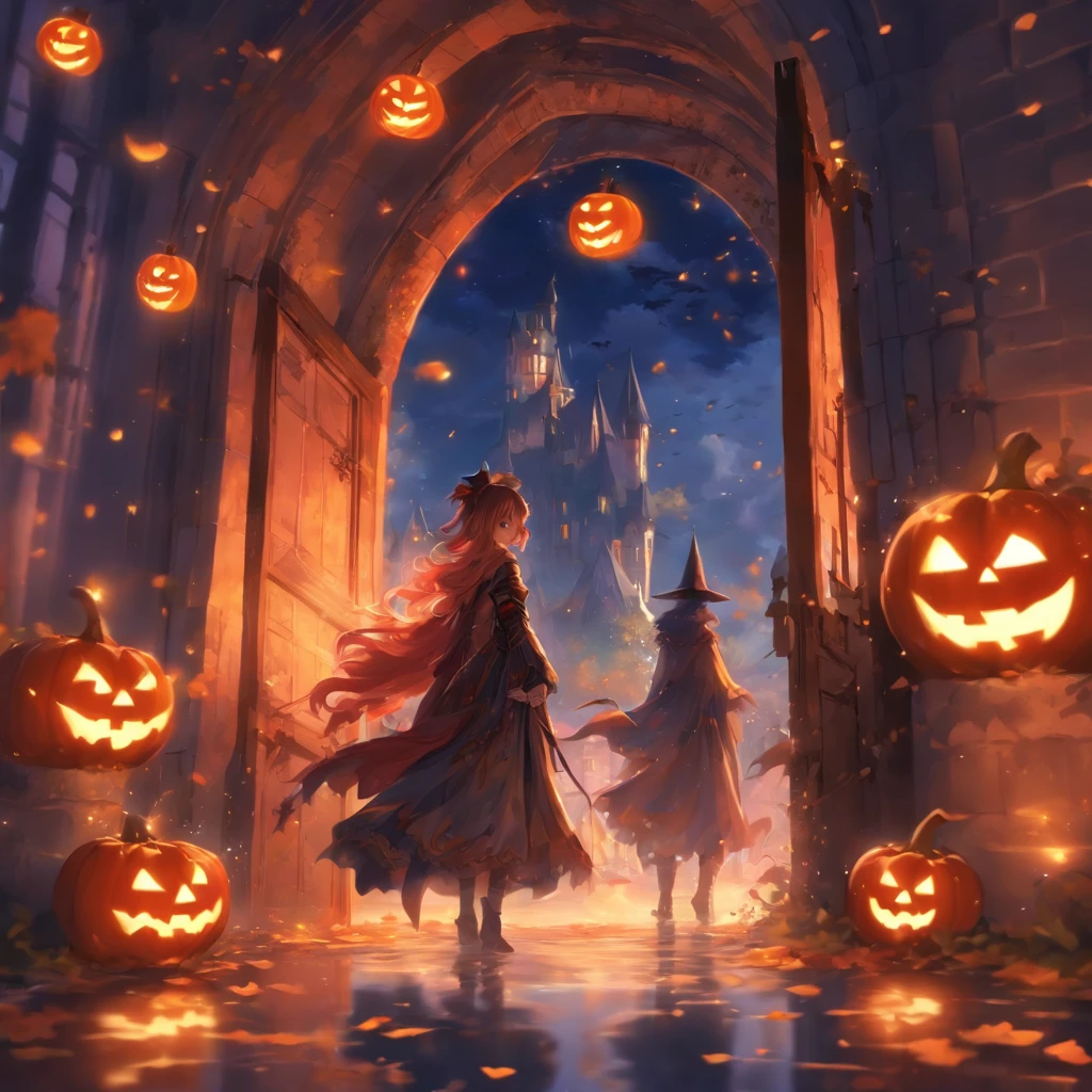 Halloween floating lights, cinematic light and reflections, Glowing lights, Intermediate metaverse elements,Digital painting, glowing reflections, Pondering, Halloween Jack Lantern, calm evening, Digital illustration, Beautiful atmosphere, Skylight at night, Peaceful evening atmosphere, Jack-o'-lantern, Halloween, the night, themoon, game scenes, Halloween, Surrounded by clouds, Architecture of medieval Europe, glazed tiles, European Union, Gorgeous colors, There are three arches in the foreground((Color ink)), ( (Splash ink ) ), ((Splash ink) Inky})), There were 2 women next to the door,tmasterpiece, high qulity, Beautiful graphics, high detal,Magnificent,The words trick-or-treating without sugar floated in the middle