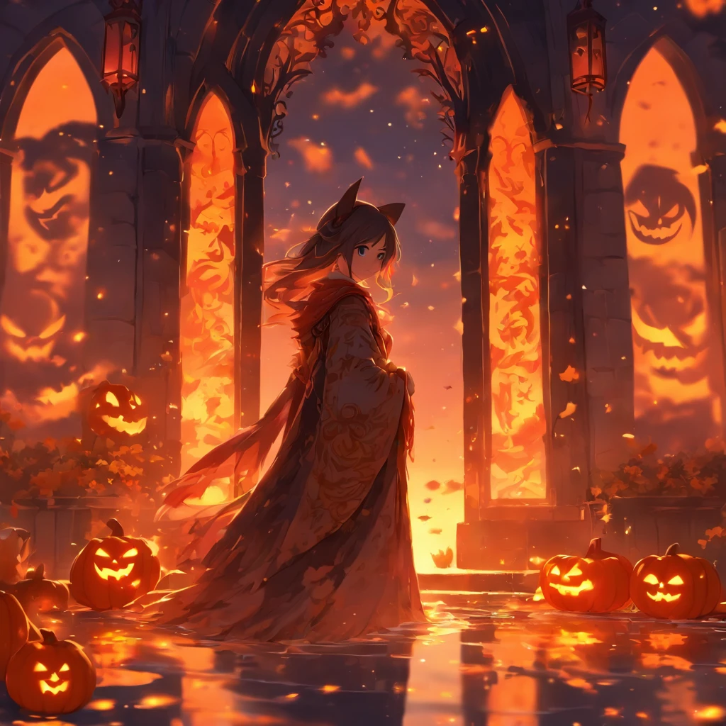 Halloween floating lights, cinematic light and reflections, Glowing lights, Intermediate metaverse elements，Digital painting, glowing reflections, Pondering, Halloween Jack Lantern, calm evening, Digital illustration, Beautiful atmosphere, Skylight at night, Peaceful evening atmosphere, Jack-o'-lantern, Halloween, the night, themoon, game scenes, Halloween, Surrounded by clouds, Architecture of medieval Europe, glazed tiles, European Union, Gorgeous colors, There are three arches in the foreground((Color ink)), ( (Splash ink ) ), ((Splash ink) Inky})), There were 2 women next to the door,tmasterpiece, high qulity, Beautiful graphics, high detal,Magnificent,The words trick-or-treating without sugar floated in the middle