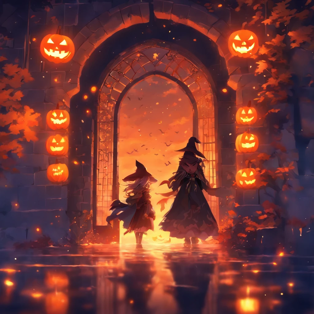 Halloween floating lights, cinematic light and reflections, Glowing lights, Intermediate metaverse elements,Digital painting, glowing reflections, Pondering, Halloween Jack Lantern, calm evening, Digital illustration, Beautiful atmosphere, Skylight at night, Peaceful evening atmosphere, Jack-o'-lantern, Halloween, the night, themoon, game scenes, Halloween, Surrounded by clouds, Architecture of medieval Europe, glazed tiles, European Union, Gorgeous colors, There are three arches in the foreground((Color ink)), ( (Splash ink ) ), ((Splash ink) Inky})), There were 2 women next to the door,tmasterpiece, high qulity, Beautiful graphics, high detal,Magnificent,The words trick-or-treating without sugar floated in the middle