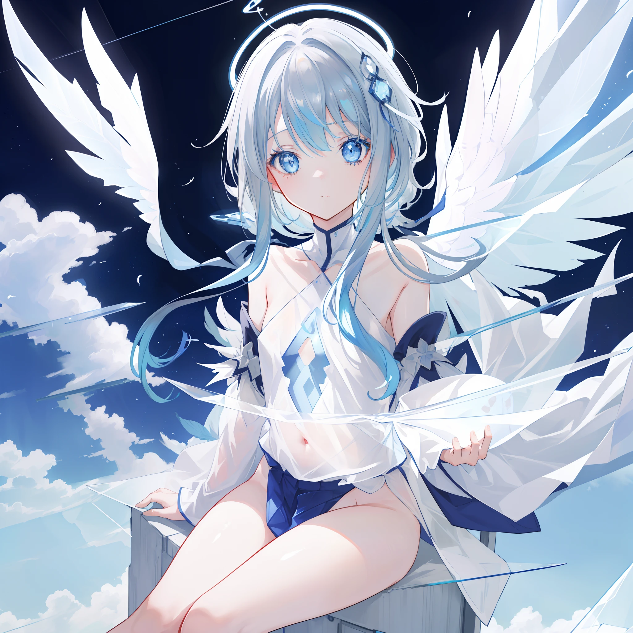 (((A close view: 1.4))) of an anime girl, (sitting on (((the clouds: 1.9))) an (the sky: 1.7)), (((half naked))), (barefoot), cinematic light, slim body with curves, skin is perfectly white, soft, and smooth, ((no nsfw)), Extremely delicate and beautiful CG illustration, best quality, high resolution, dynamic angle, full-length lens, (1 girl), floating, soft light, high-key lighting), glowing light, blue halo, feathers fluttering background, blue crystal, (((wearing nothing but a white (transparent) tank top)))