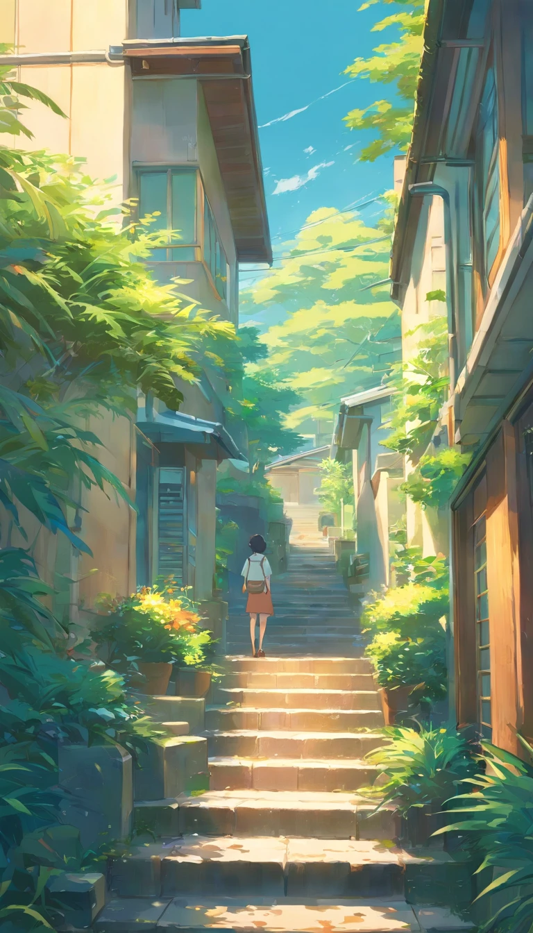 A painting of a staircase leading to a house with a sea view, beautiful anime scenery, Anime background art, Detailed scenery —width 672, beautiful anime scenes, Anime landscapes, anime beautiful peace scene, Summer street near the beach, anime backgrounds, Makoto Shinkai's style, Makoto Shinkai. High detail, Anime landscape concept art, landscape artwork