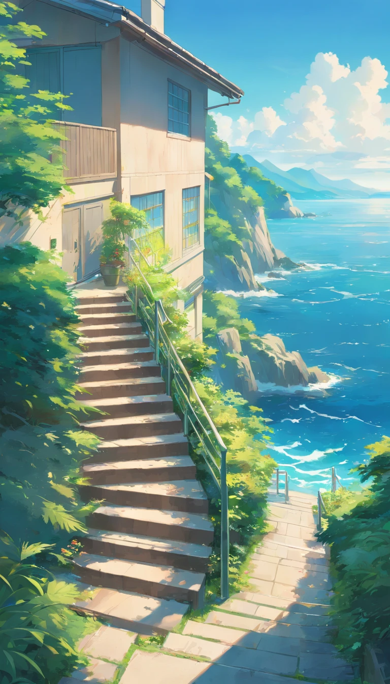 A painting of a staircase leading to a house with a sea view, beautiful anime scenery, Anime background art, Detailed scenery —width 672, beautiful anime scenes, Anime landscapes, anime beautiful peace scene, Summer street near the beach, anime backgrounds, Makoto Shinkai's style, Makoto Shinkai. High detail, Anime landscape concept art, landscape artwork